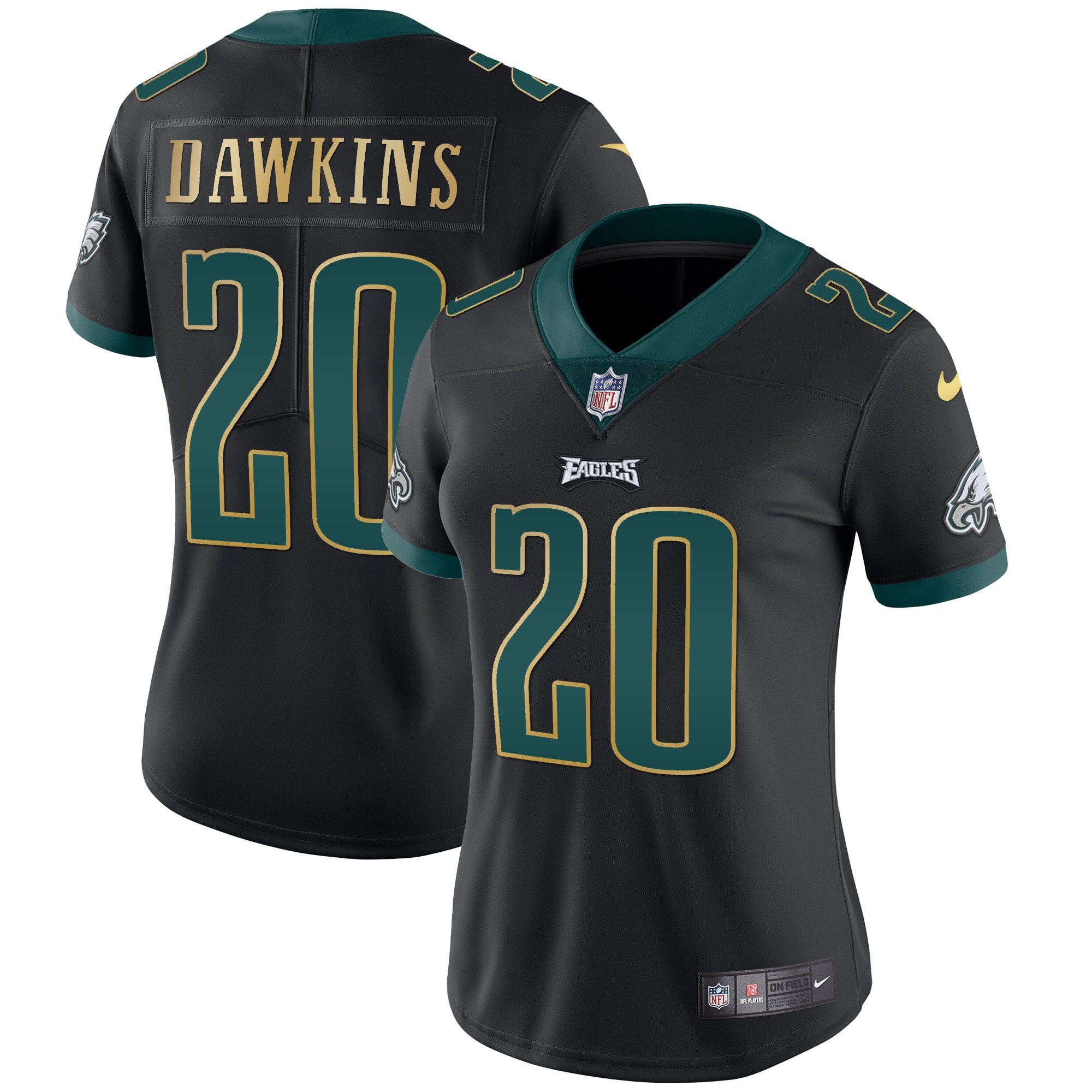 Brian Dawkins Women's Philadelphia Eagles Gold Trim Vapor Player Black Gold Trim Jersey - All Stitched