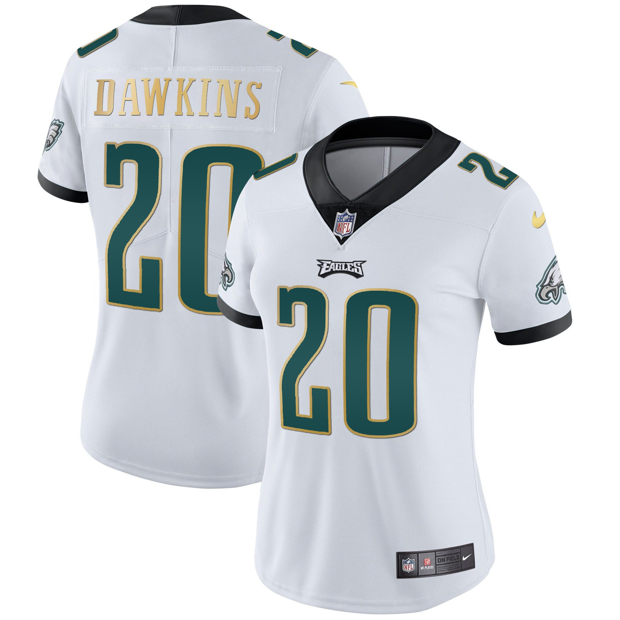 Brian Dawkins Women's Philadelphia Eagles Gold Trim Vapor Player White Gold Trim Jersey - All Stitched