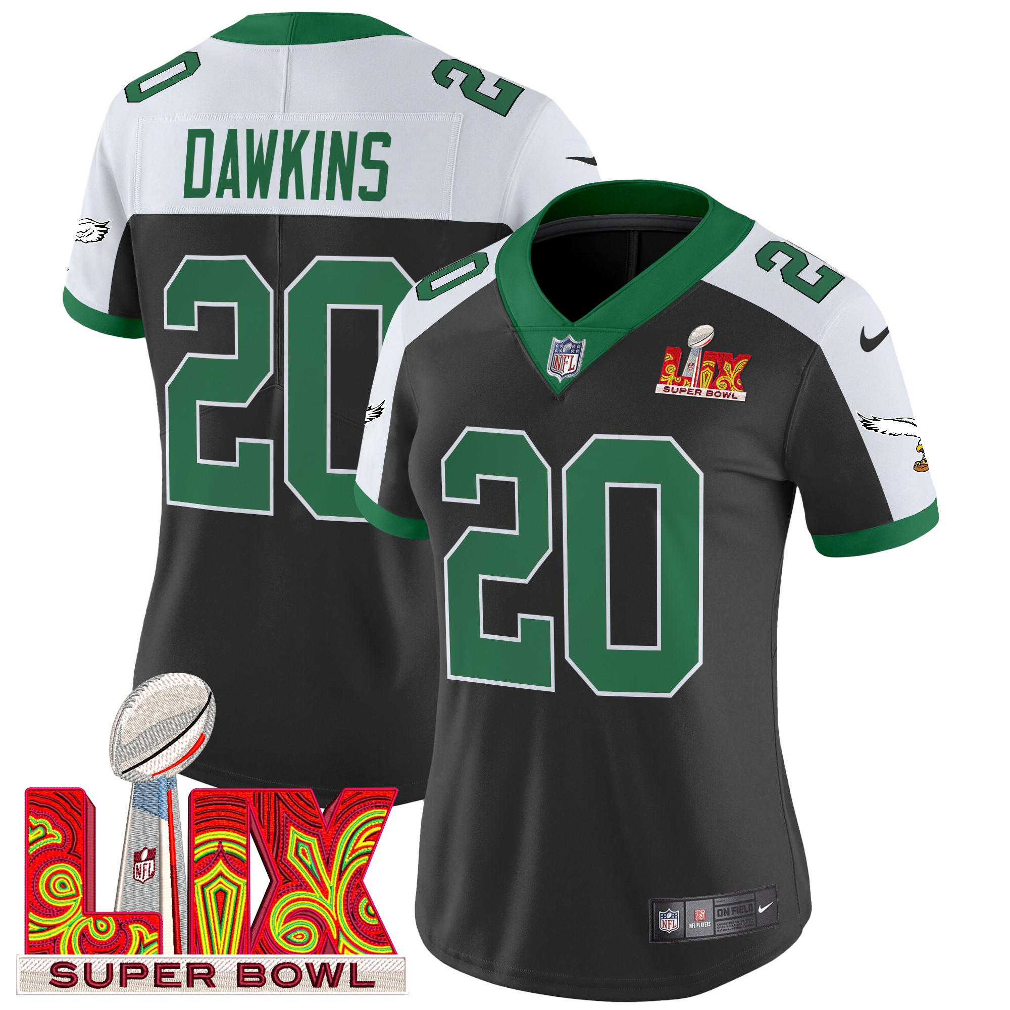 Brian Dawkins Women's Philadelphia Eagles Kelly Green Super Bowl LIX Patch Vapor Limited Black Alternate Jersey - All Stitched