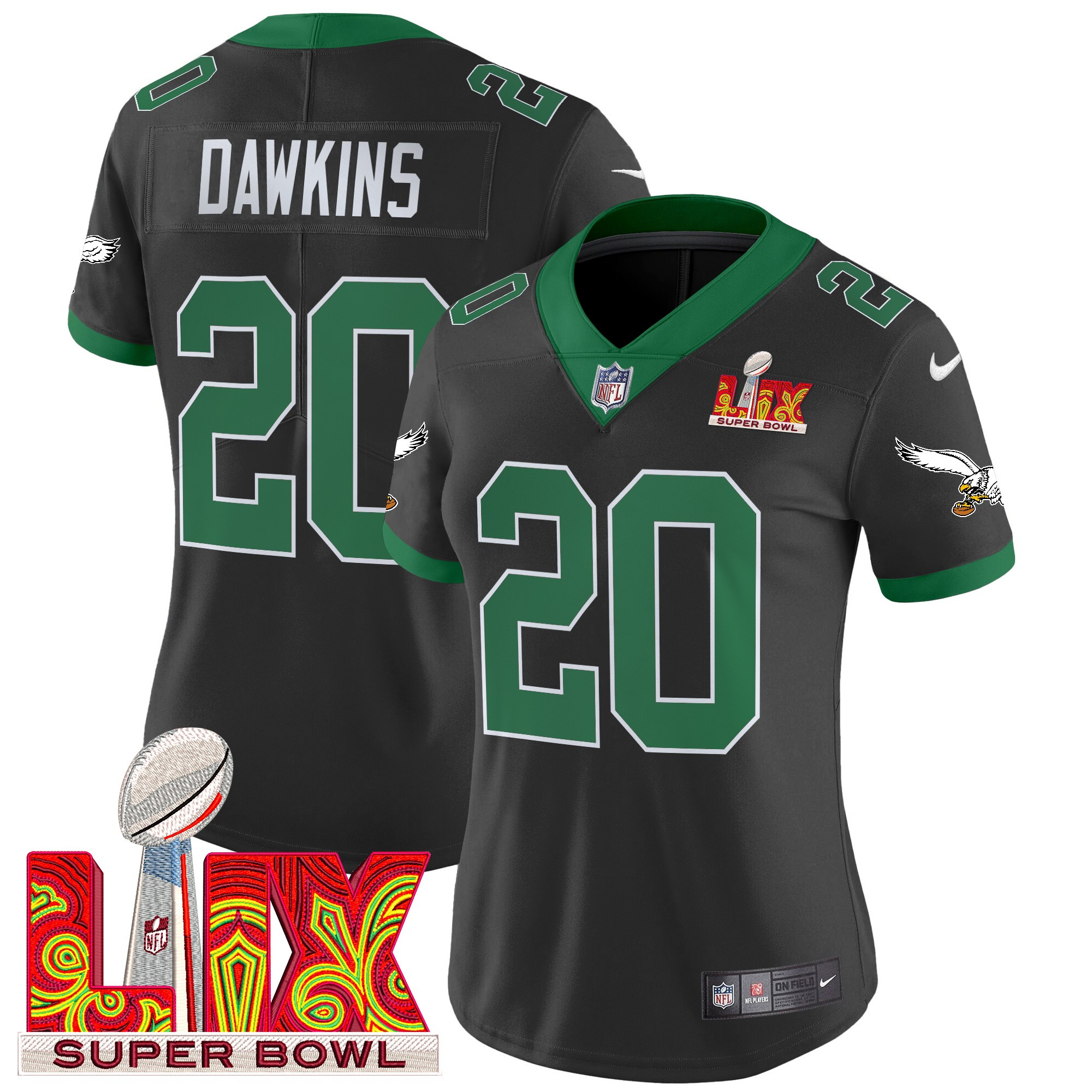Brian Dawkins Women's Philadelphia Eagles Kelly Green Super Bowl LIX Patch Vapor Limited Black Jersey - All Stitched