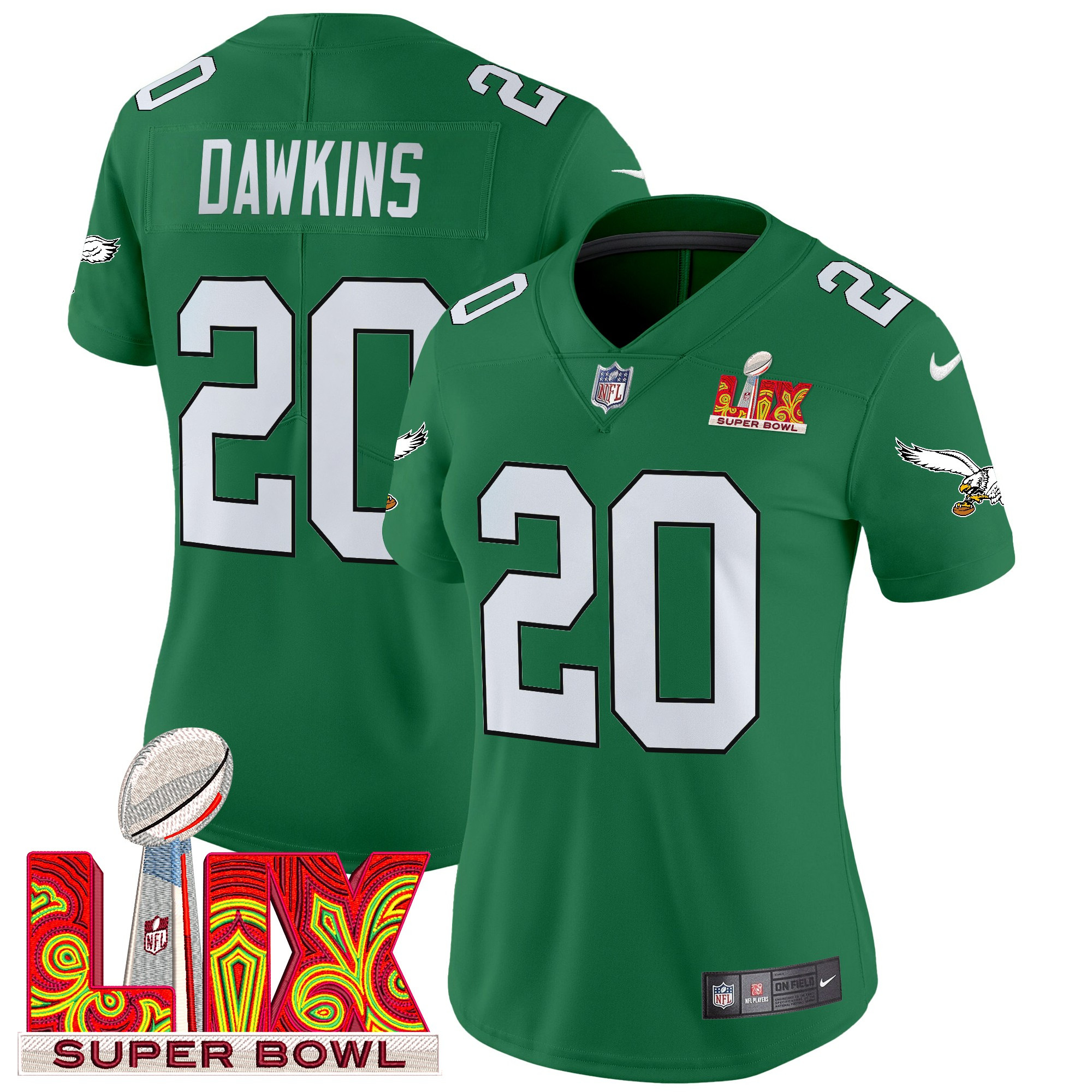 Brian Dawkins Women's Philadelphia Eagles Kelly Green Super Bowl LIX Patch Vapor Limited Kelly Green Jersey - All Stitched