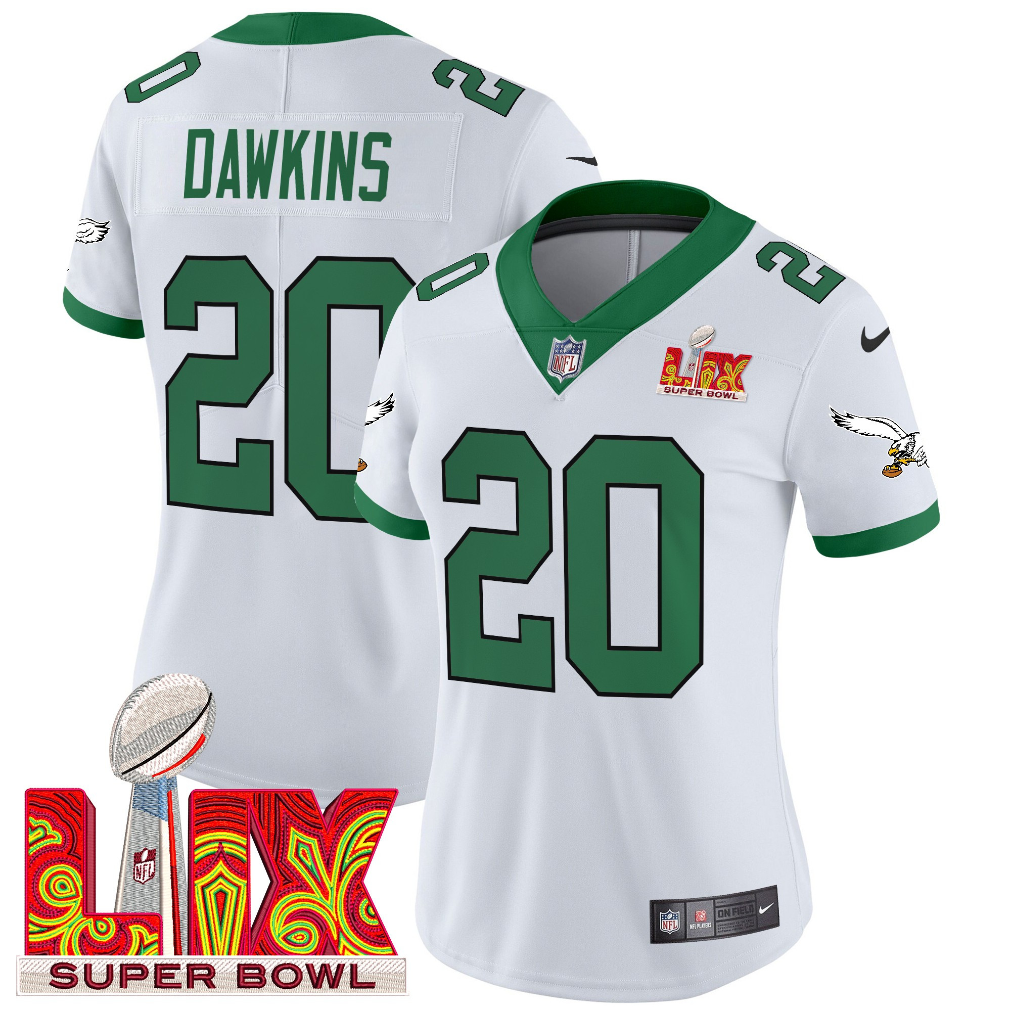 Brian Dawkins Women's Philadelphia Eagles Kelly Green Super Bowl LIX Patch Vapor Limited Kelly White Jersey - All Stitched