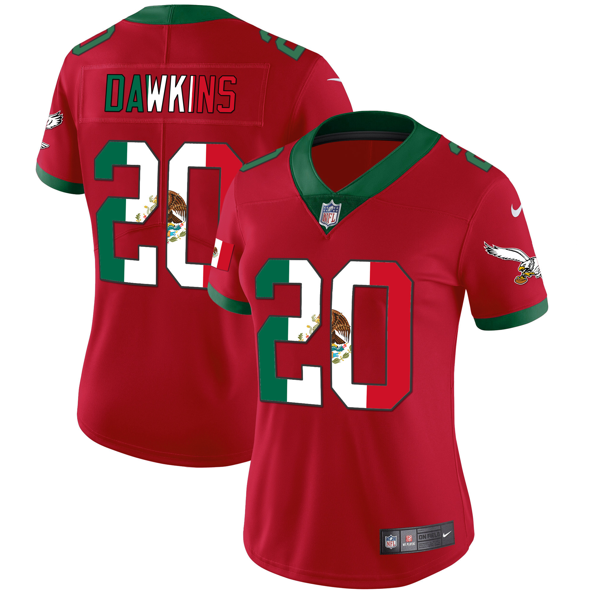 Brian Dawkins Women's Philadelphia Eagles Mexico Gold & Kelly Vapor Red Jersey - All Stitched