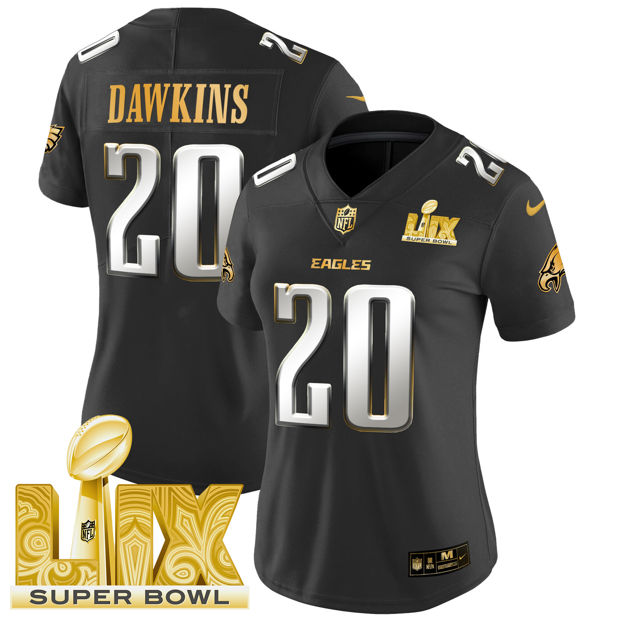 Brian Dawkins Women's Philadelphia Eagles Super Bowl LIX Patch Gold Vapor Limited Black Limited Jersey - All Stitched