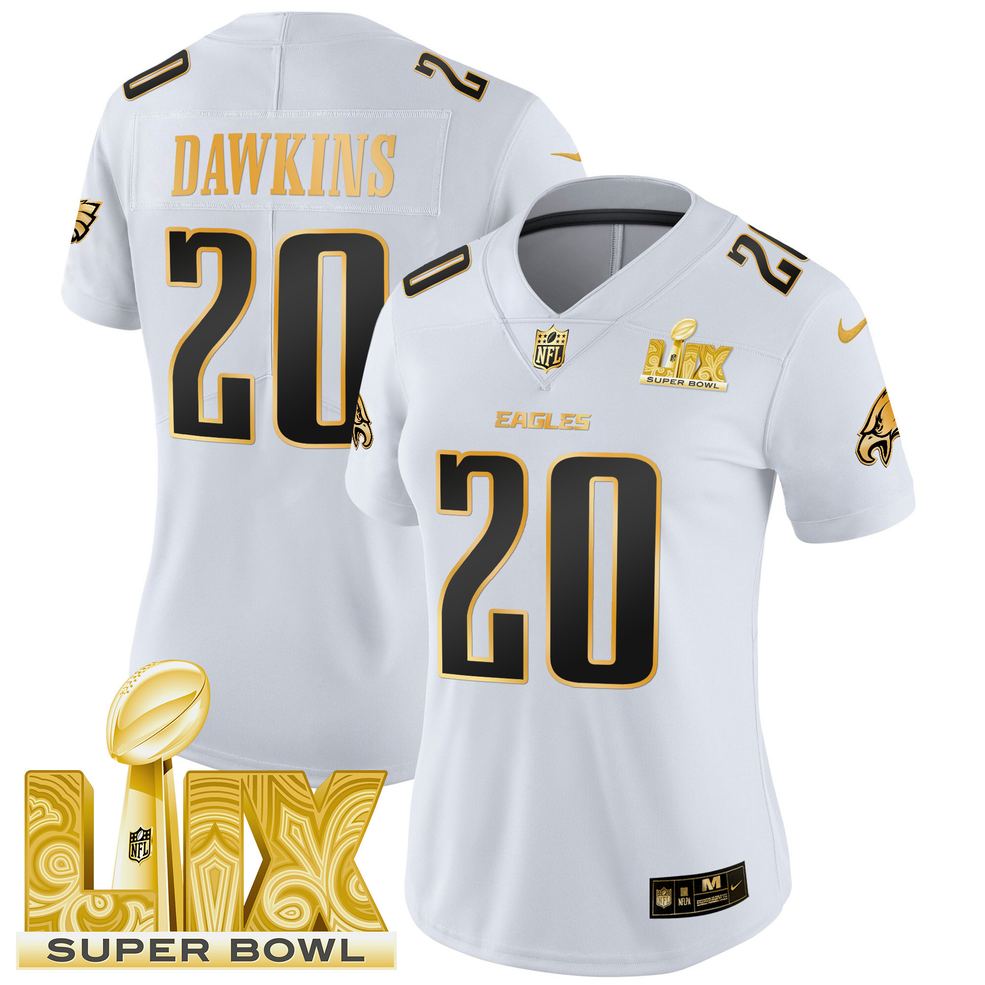 Brian Dawkins Women's Philadelphia Eagles Super Bowl LIX Patch Gold Vapor Limited White Gold Jersey - All Stitched