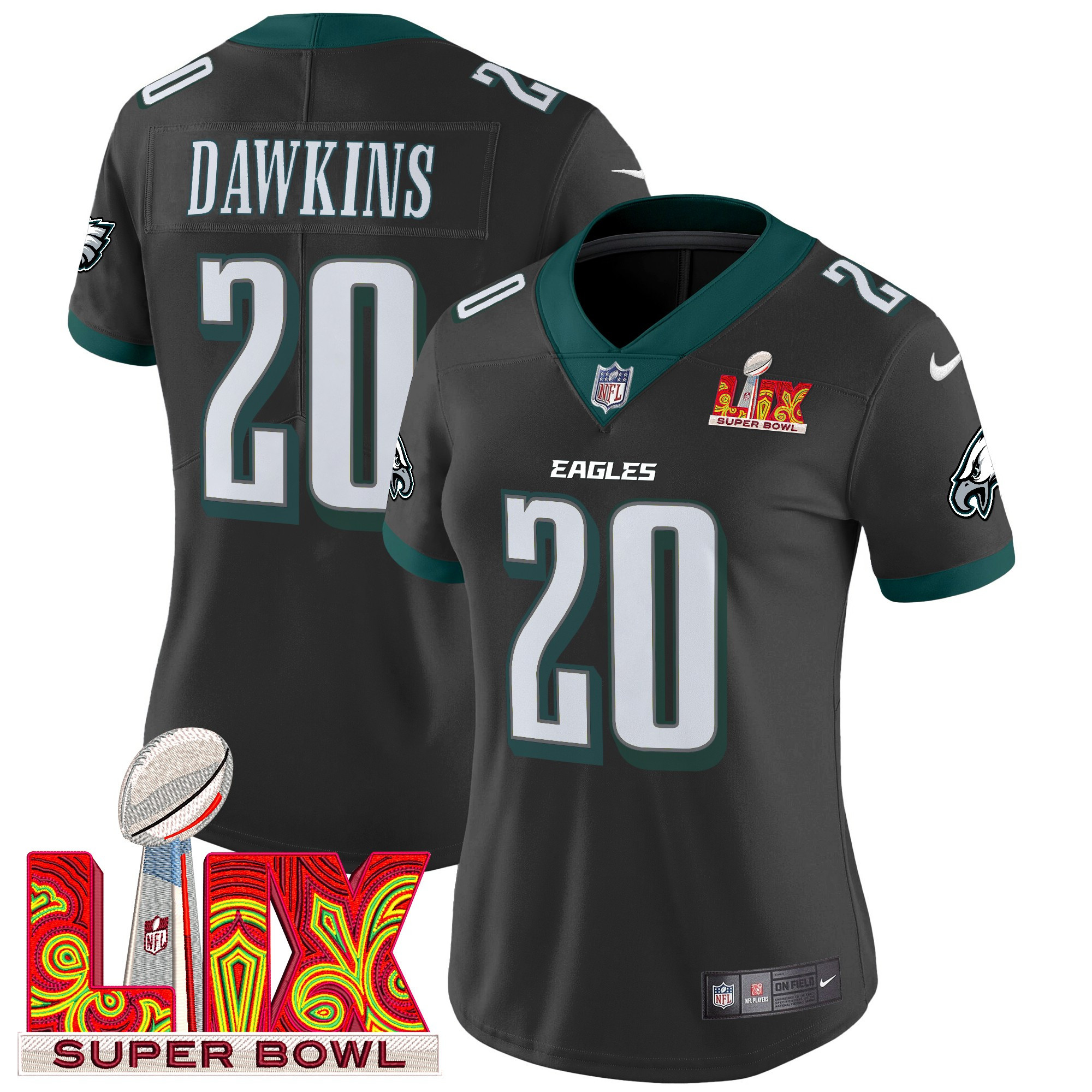 Brian Dawkins Women's Philadelphia Eagles Super Bowl LIX Patch Vapor Limited Black Jersey - All Stitched