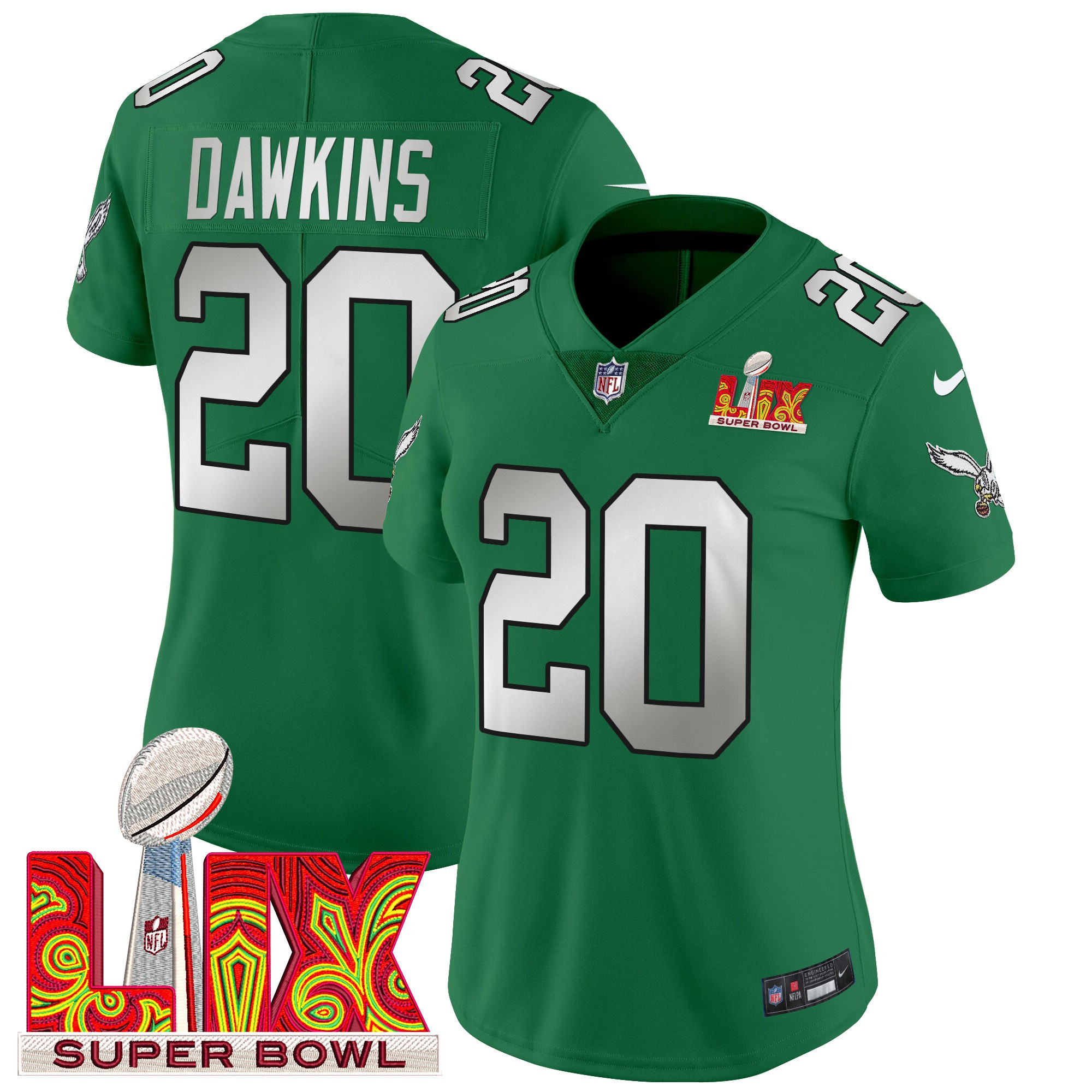 Brian Dawkins Women's Philadelphia Eagles Super Bowl LIX Patch Vapor Limited Kelly Green Jersey - All Stitched