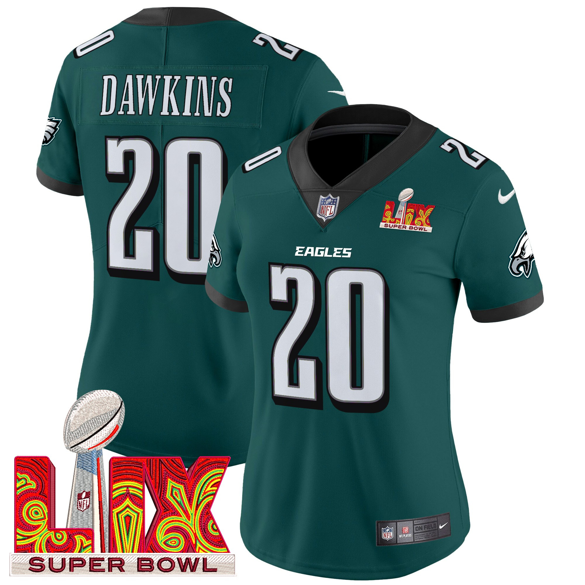 Brian Dawkins Women's Philadelphia Eagles Super Bowl LIX Patch Vapor Limited Midnight Green Jersey - All Stitched