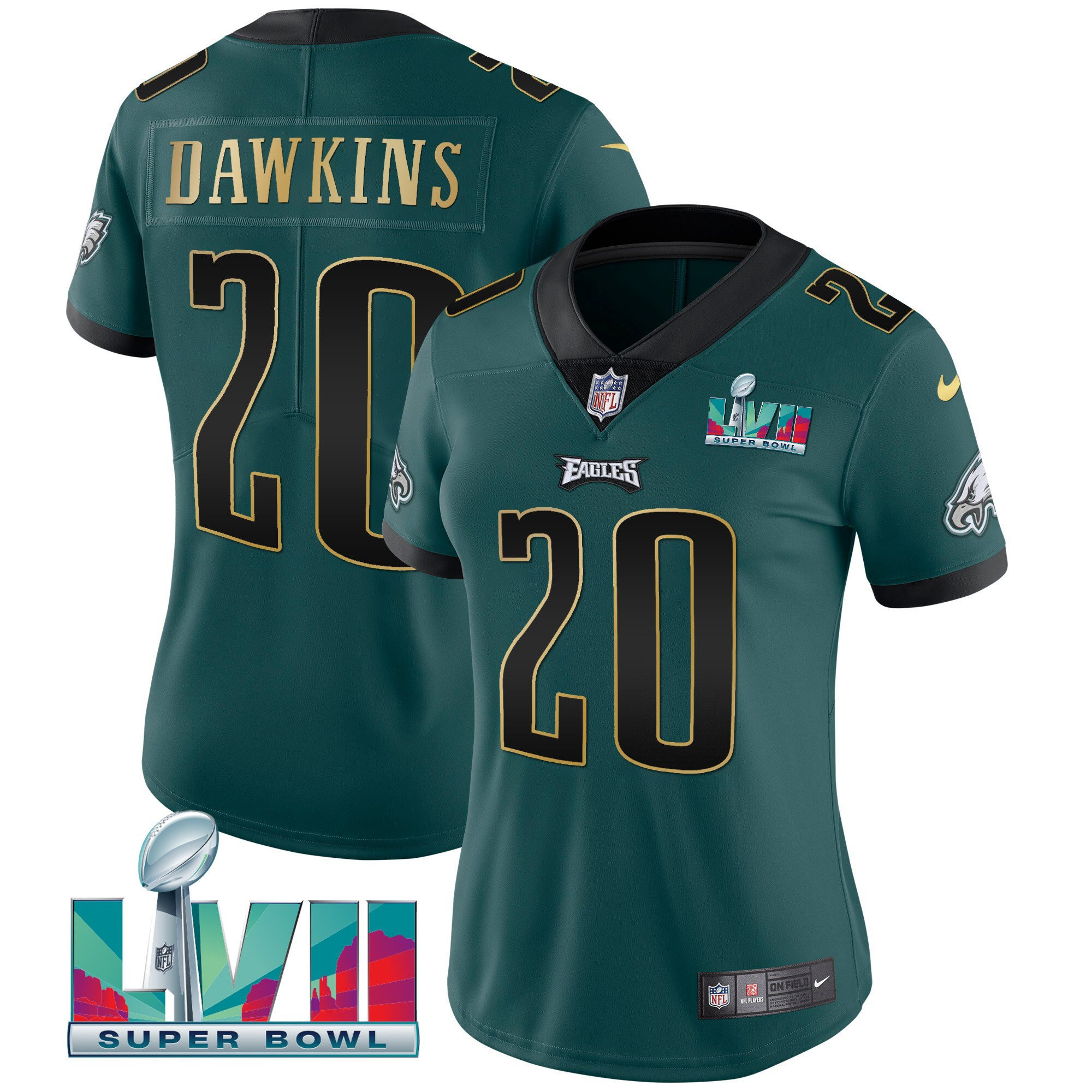 Brian Dawkins Women's Philadelphia Eagles Super Bowl LVII Gold Trim Midnight Green Gold Trim Jersey - All Stitched