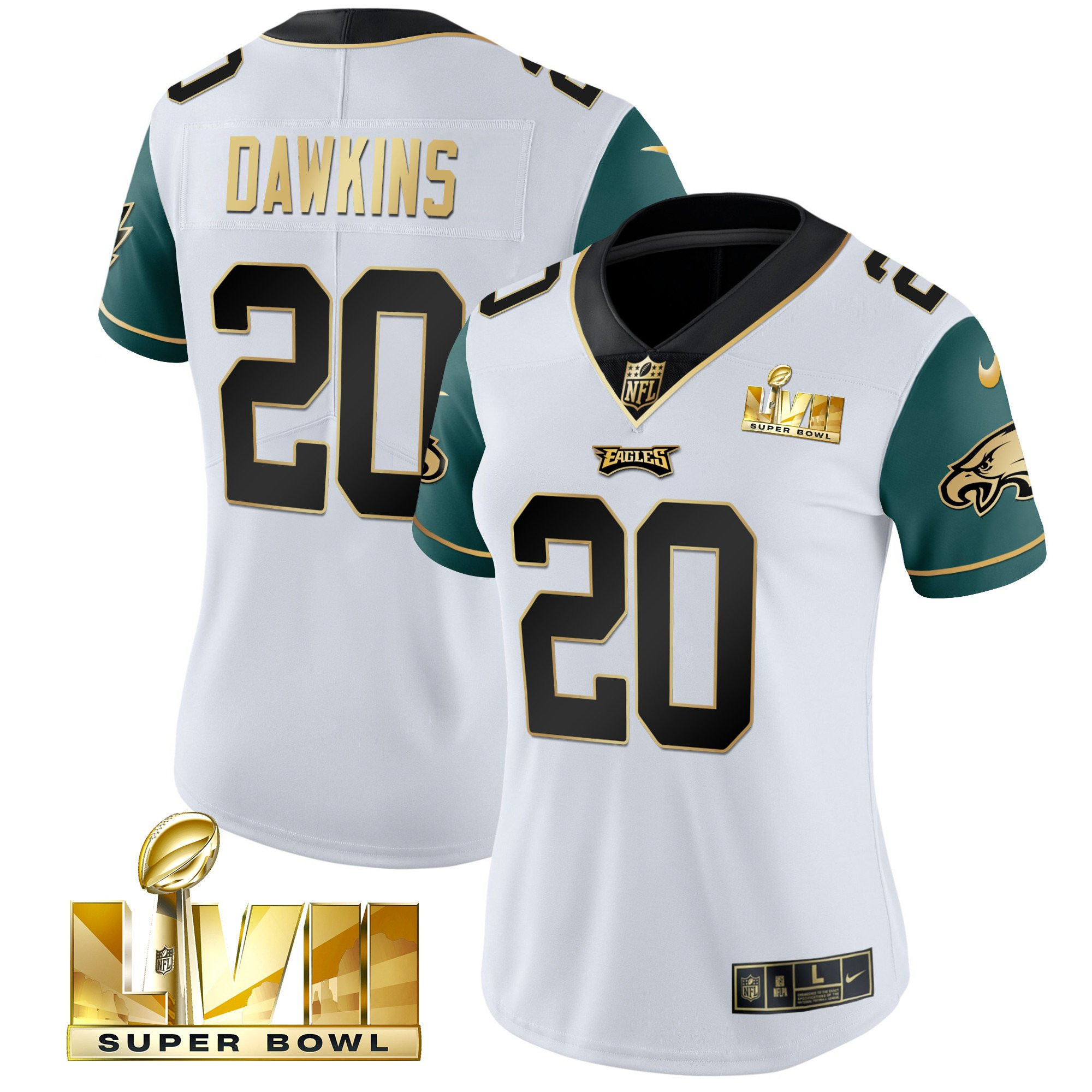 Brian Dawkins Women's Philadelphia Eagles Super Bowl LVII Gold Vapor Midnight Green Sleeves Jersey - All Stitched