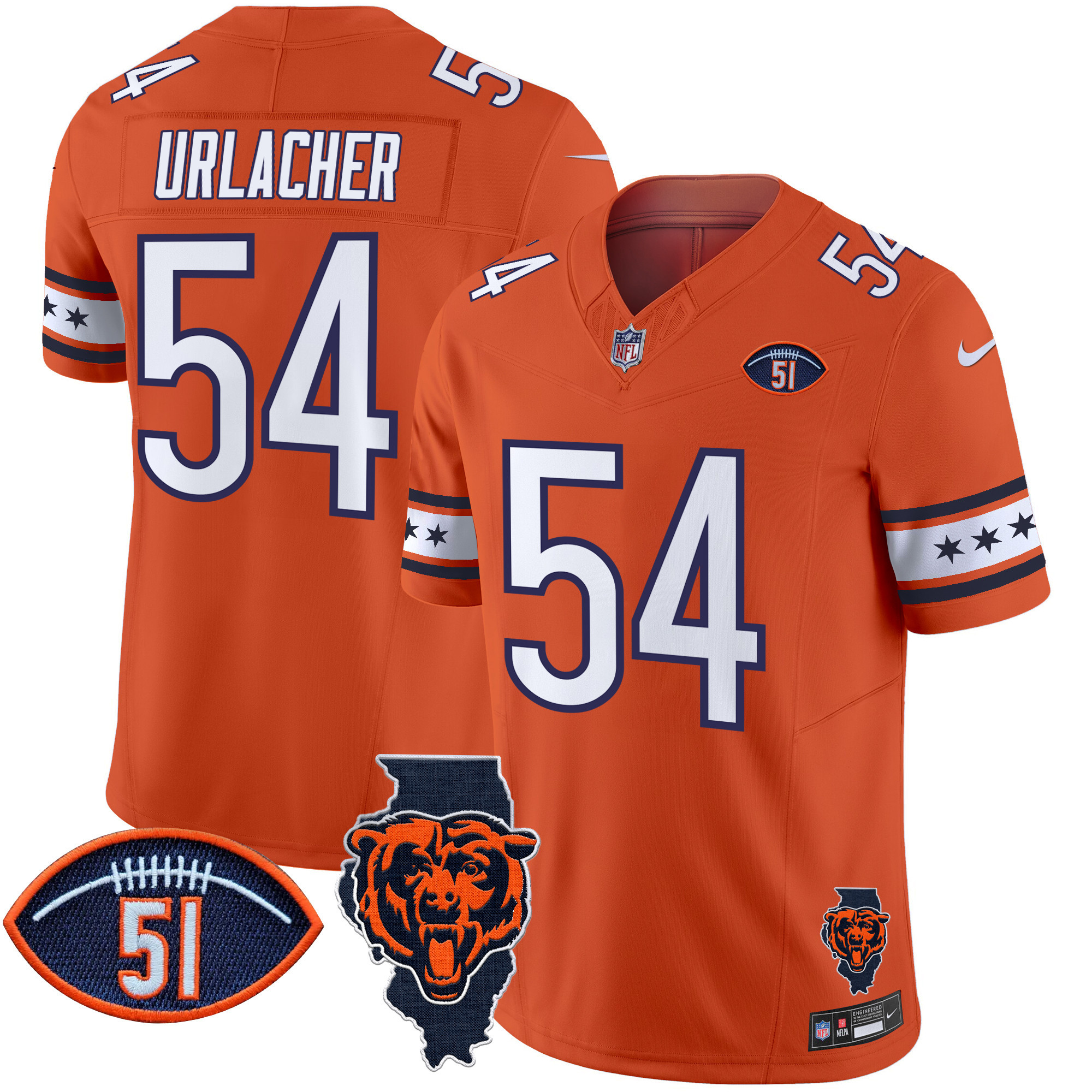 Brian Urlacher Men's Chicago Bears Illinois & Dick Butkus Patch Vapor Limited Orange Jersey - All Stitched