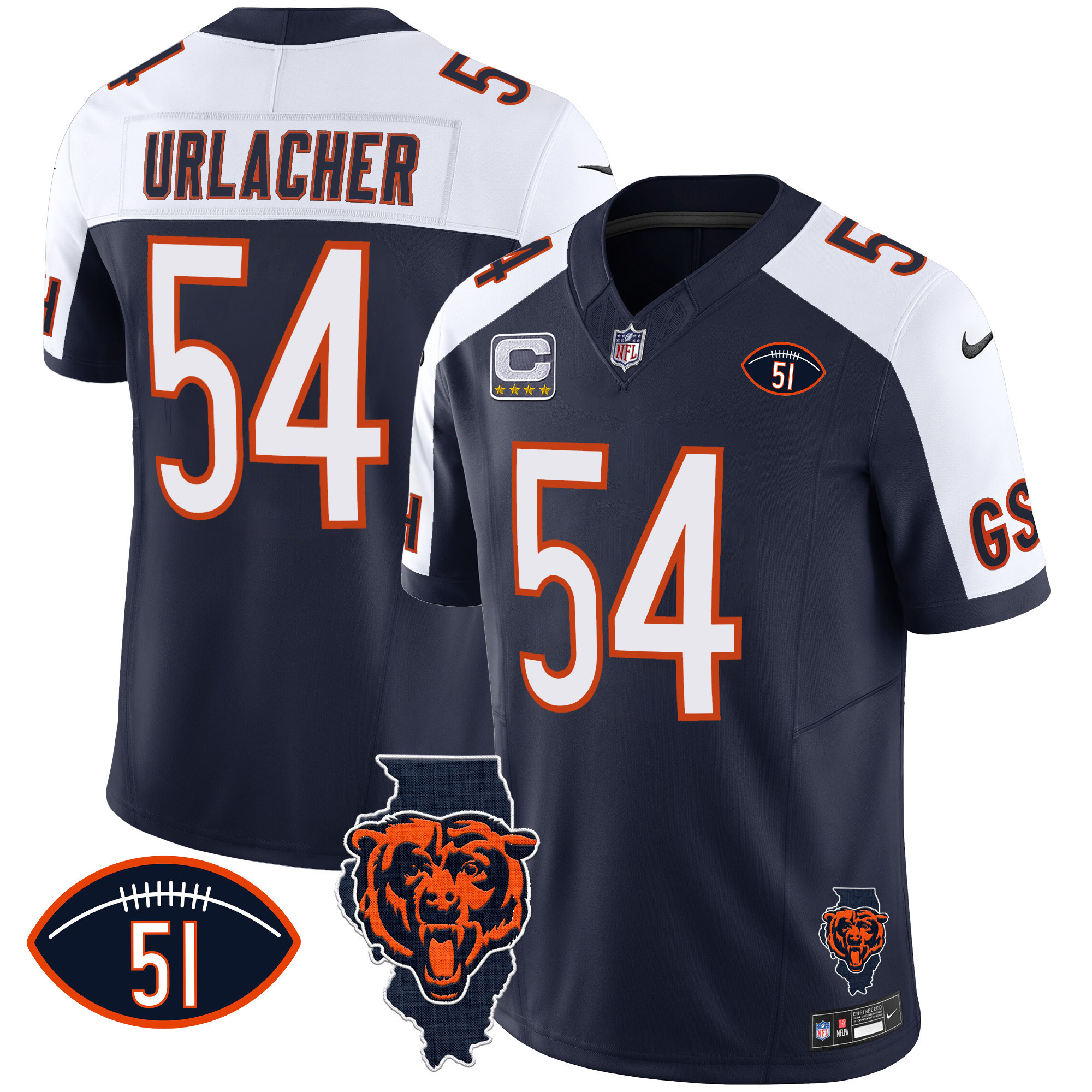 Brian Urlacher Men's Chicago Bears Illinois Patch Vapor Alternate Jersey - All Stitched