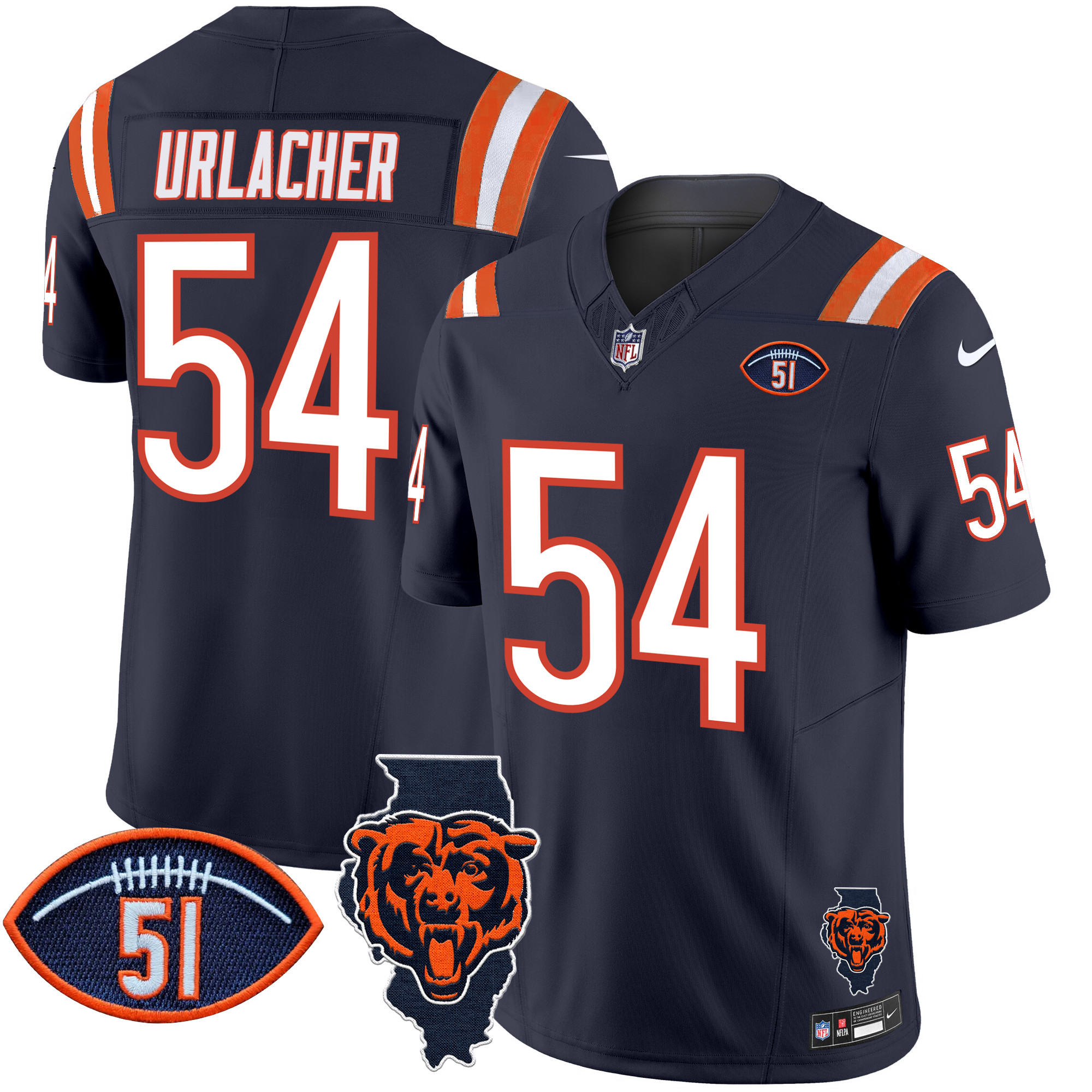 Brian Urlacher Men's Chicago Bears Illinois Patch Vapor Limited Navy Jersey - All Stitched