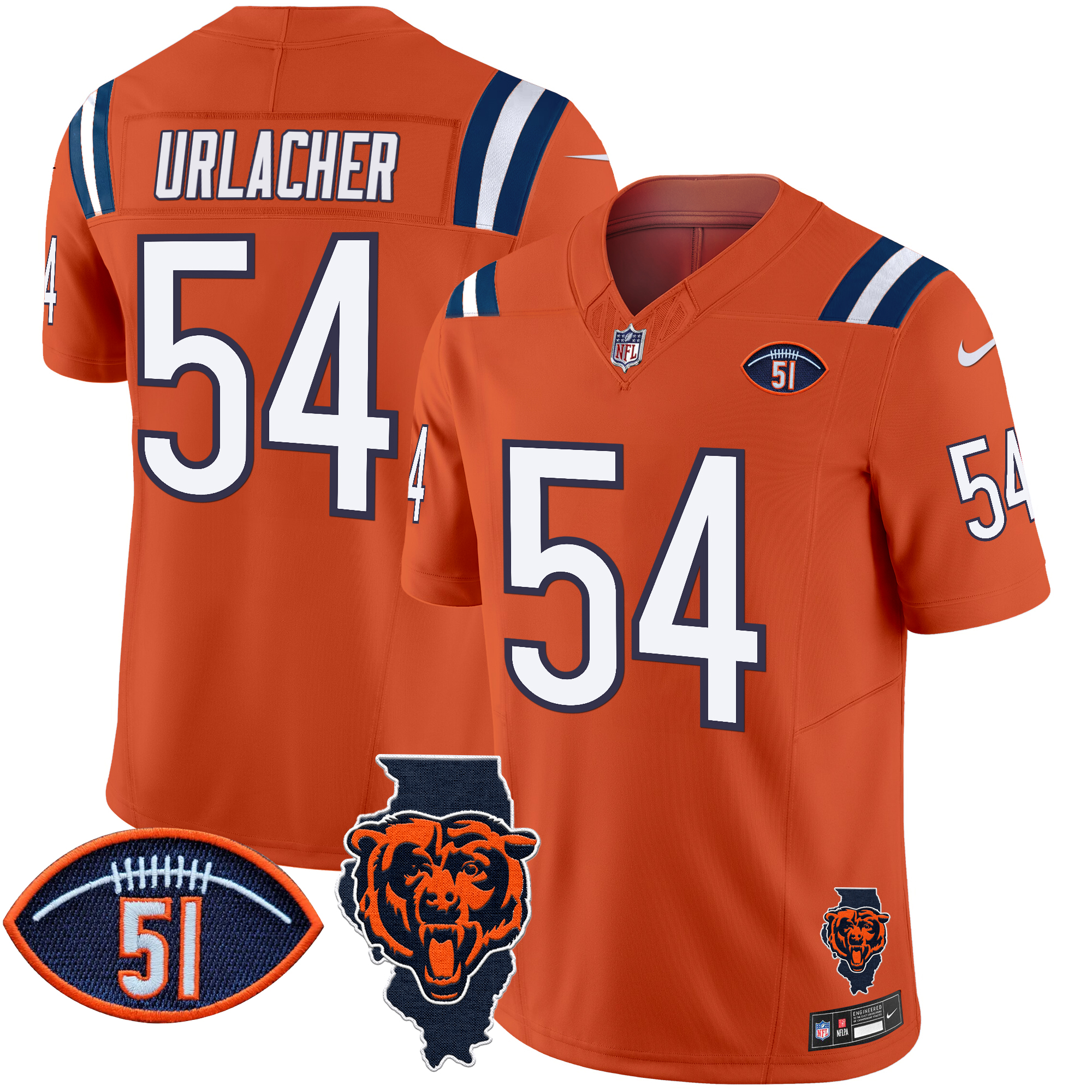 Brian Urlacher Men's Chicago Bears Illinois Patch Vapor Limited Orange Jersey - All Stitched