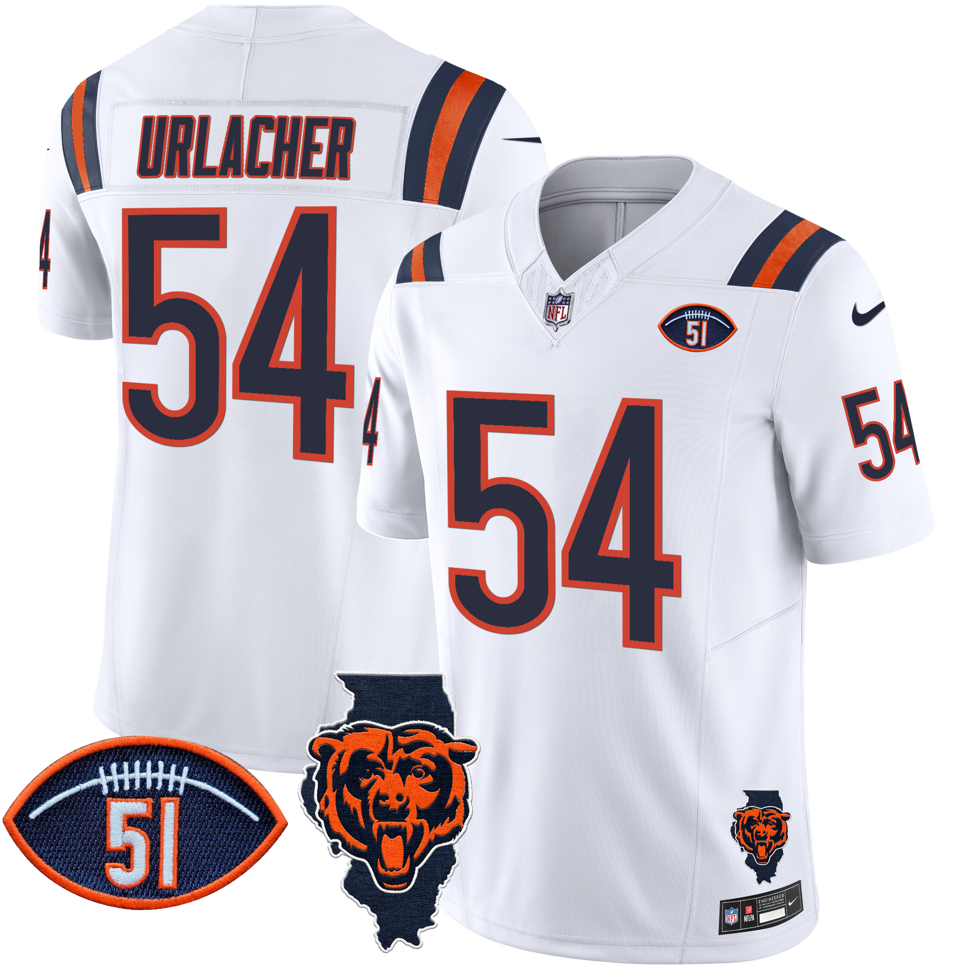 Brian Urlacher Men's Chicago Bears Illinois Patch Vapor Limited White Jersey - All Stitched