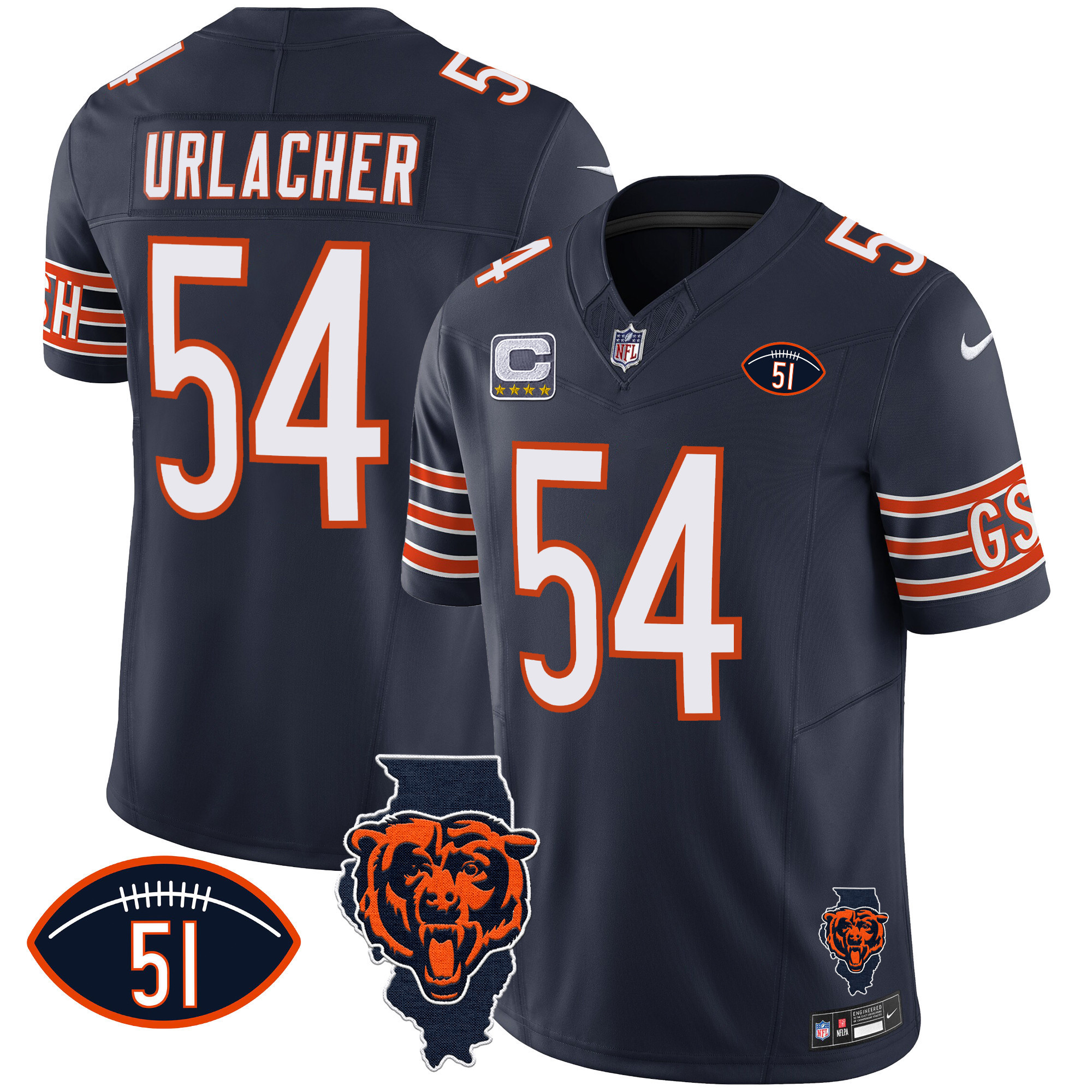 Brian Urlacher Men's Chicago Bears Illinois Patch Vapor Navy Jersey - All Stitched