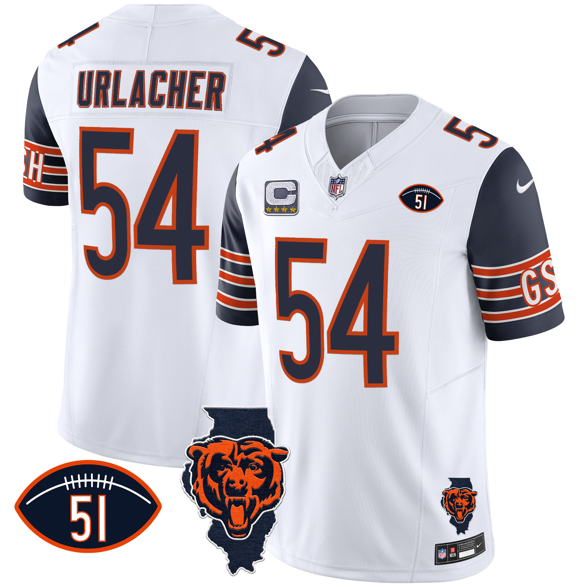 Brian Urlacher Men's Chicago Bears Illinois Patch Vapor Navy Sleeves Jersey - All Stitched