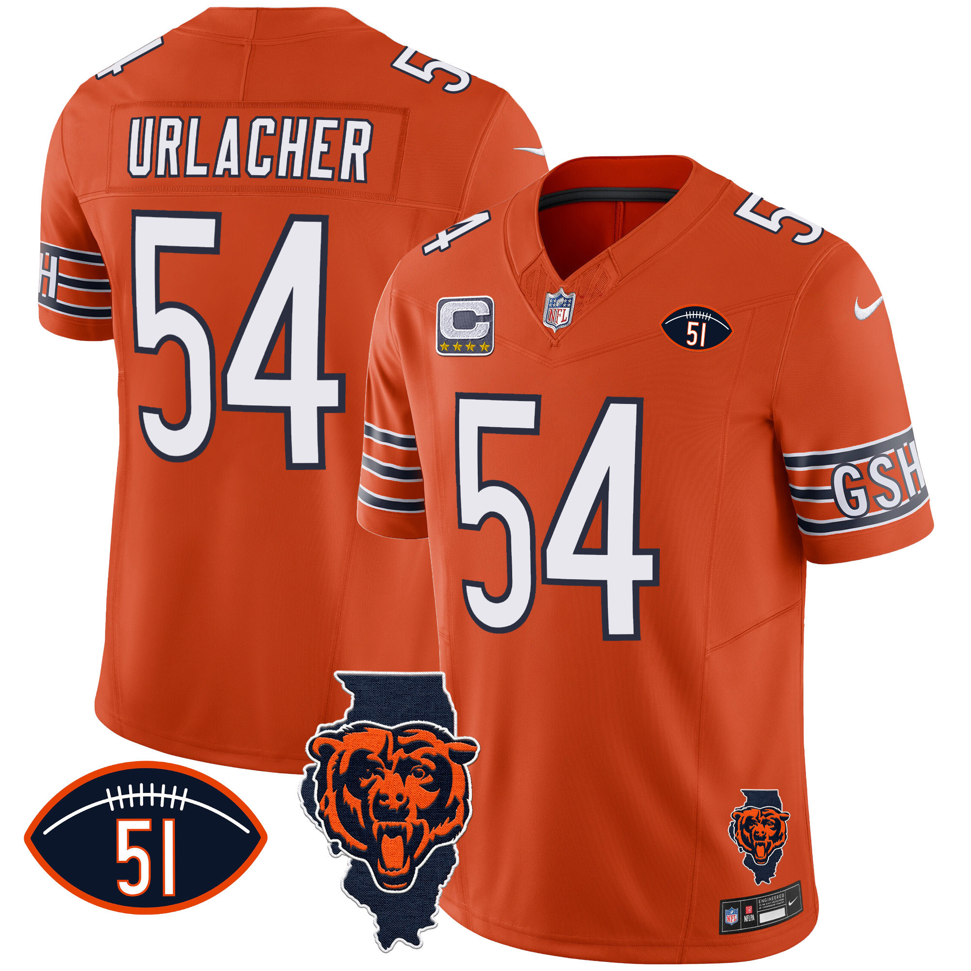 Brian Urlacher Men's Chicago Bears Illinois Patch Vapor Orange Jersey - All Stitched