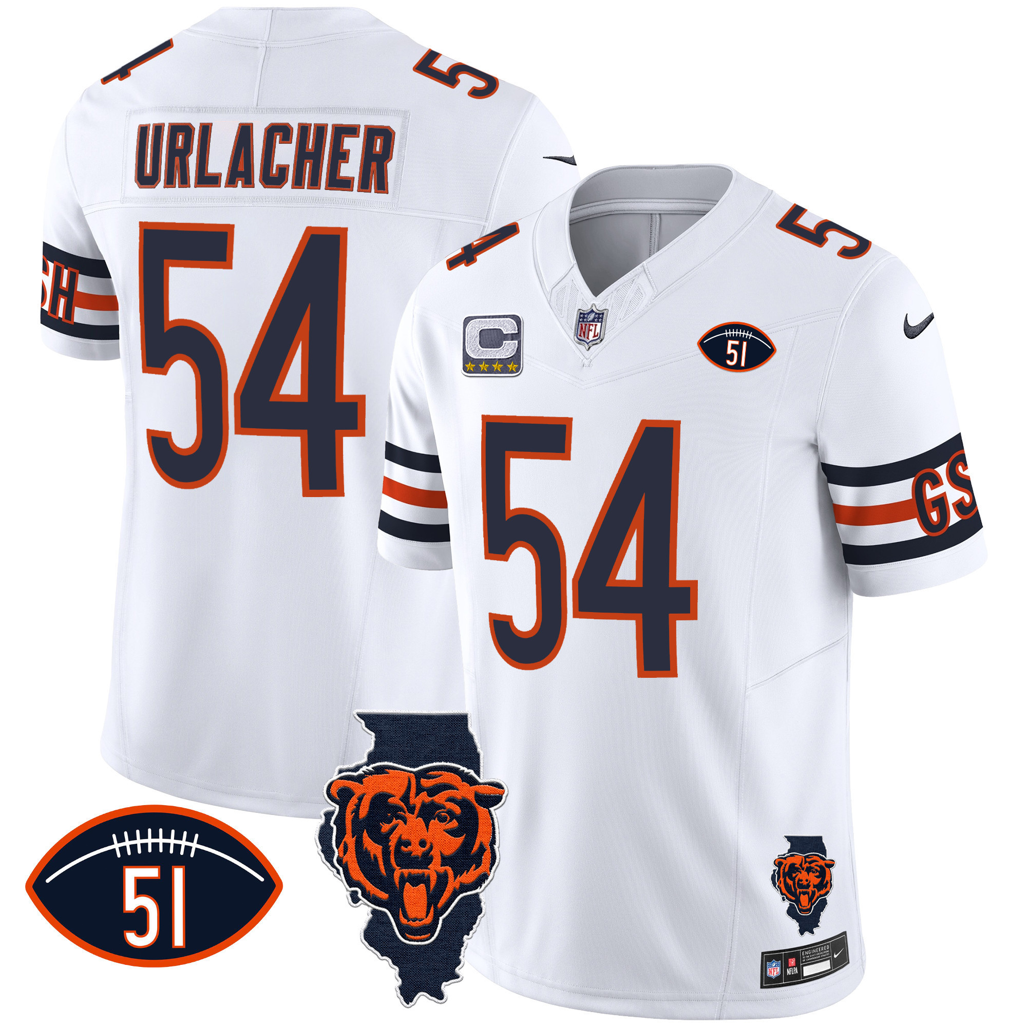 Brian Urlacher Men's Chicago Bears Illinois Patch Vapor White Jersey - All Stitched