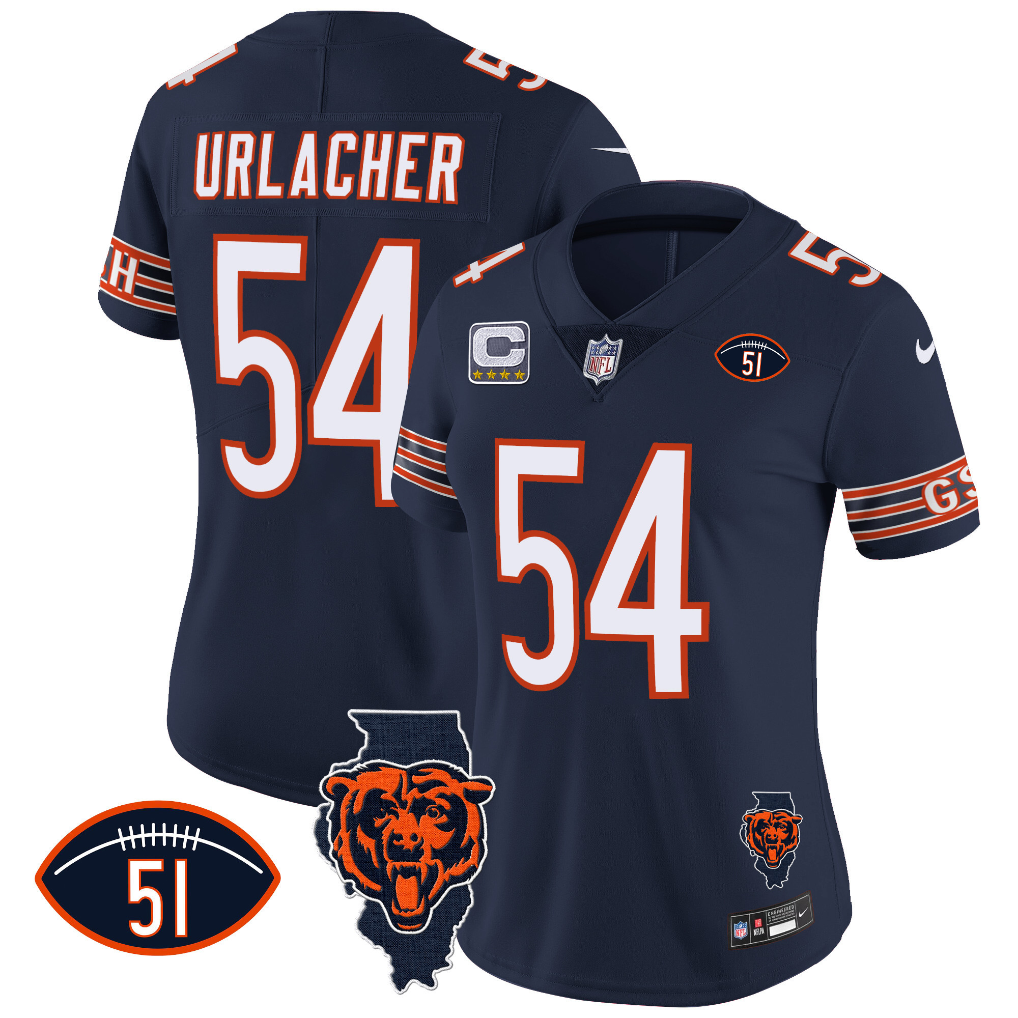 Brian Urlacher Women's Chicago Bears Illinois Patch Vapor Navy Jersey - All Stitched