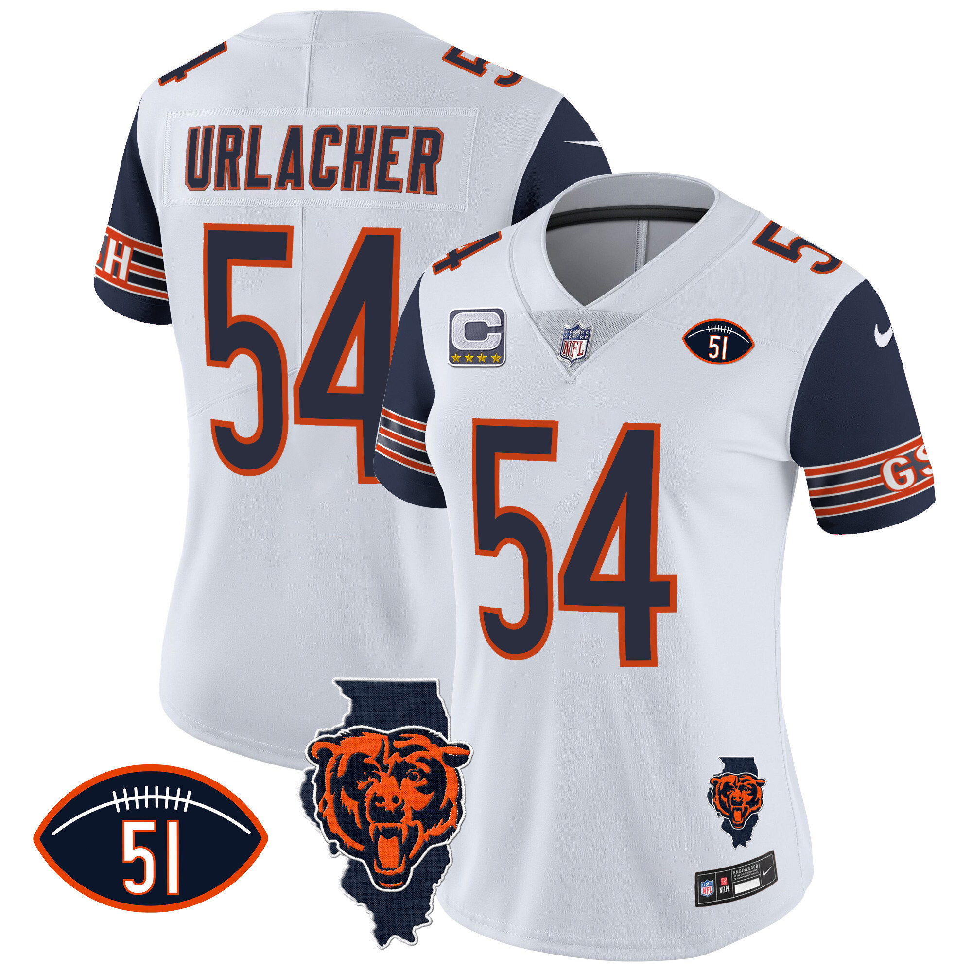 Brian Urlacher Women's Chicago Bears Illinois Patch Vapor Navy Sleeves Jersey - All Stitched