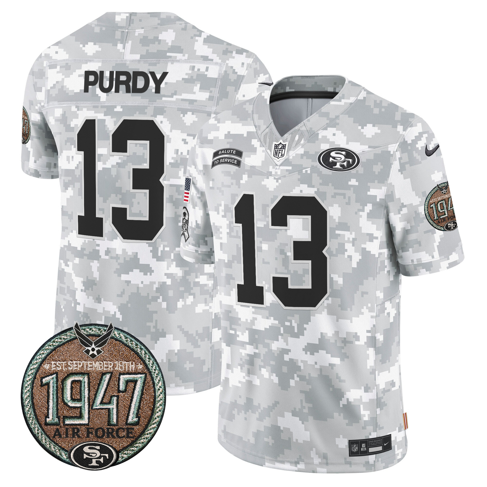 Brock Purdy Men's San Francisco 49ers 2024 Salute to Service Establishment Year Patch Vapor Limited Air Force Jersey - All Stitched