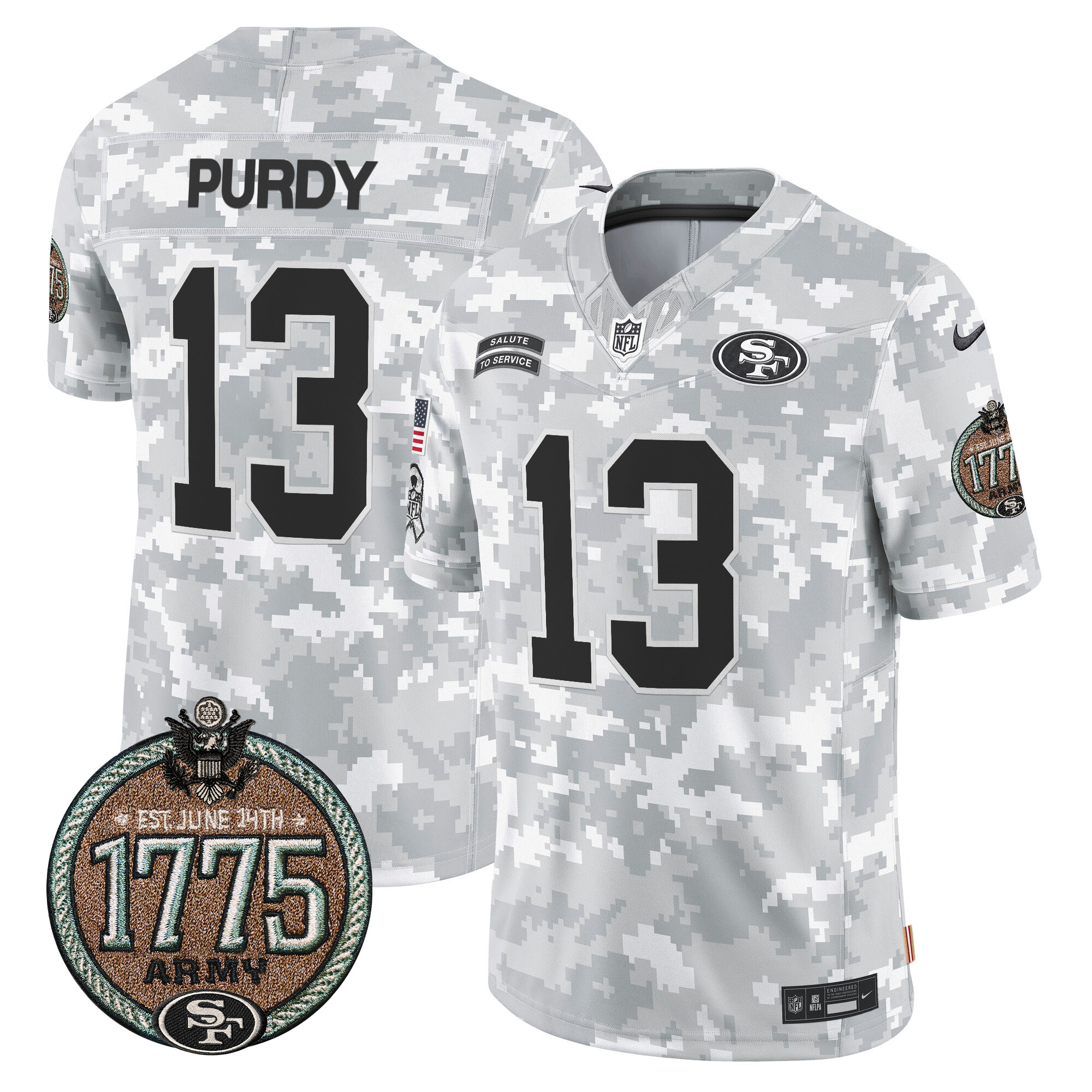 Brock Purdy Men's San Francisco 49ers 2024 Salute to Service Establishment Year Patch Vapor Limited Army Jersey - All Stitched