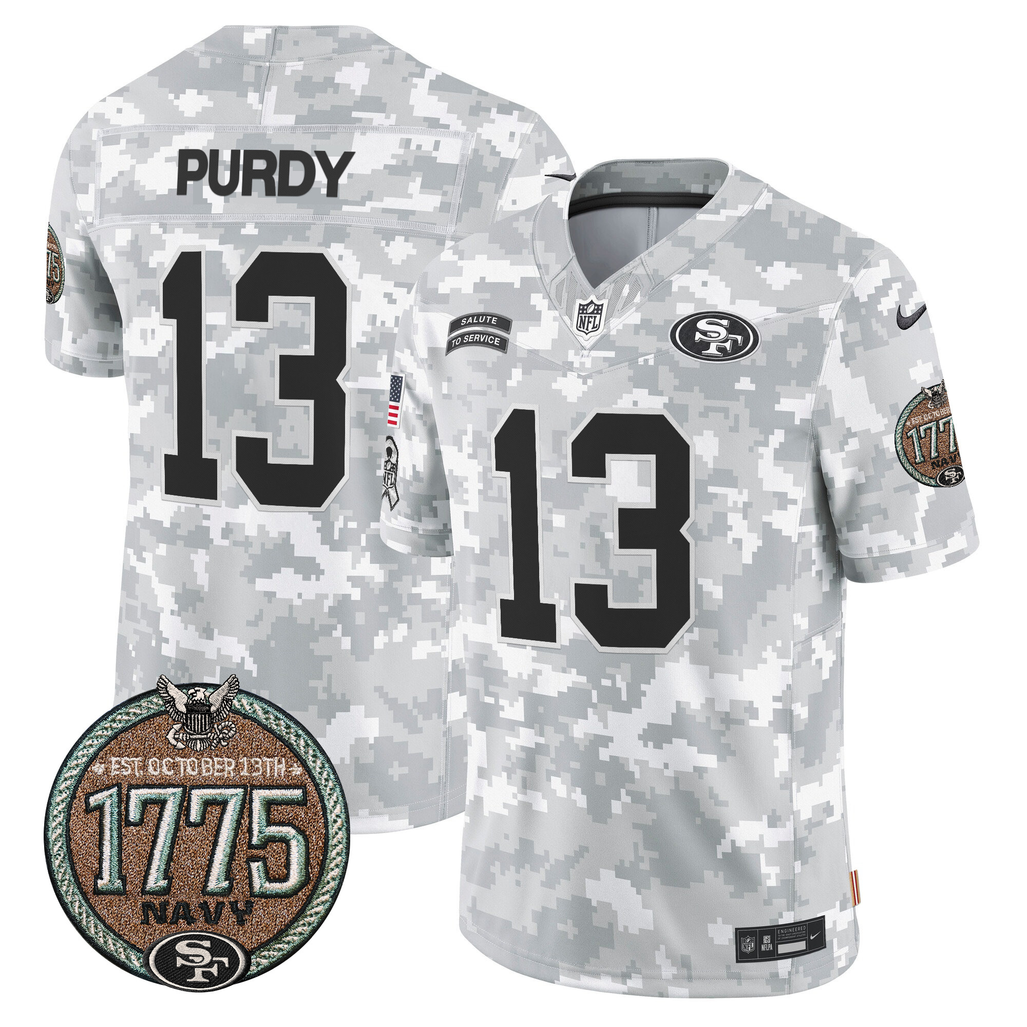 Brock Purdy Men's San Francisco 49ers 2024 Salute to Service Establishment Year Patch Vapor Limited Navy Jersey - All Stitched