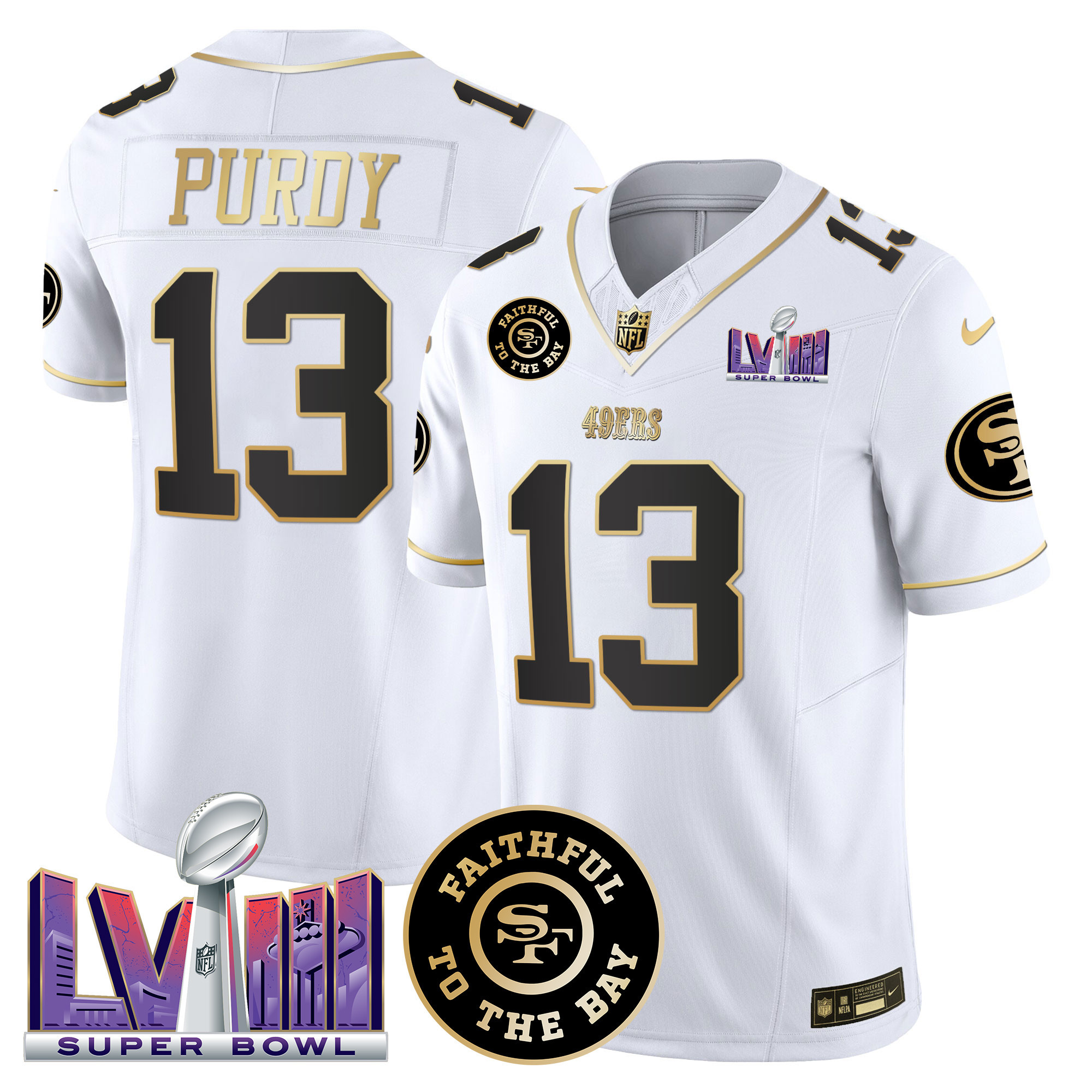 Brock Purdy Men's San Francisco 49ers  Faithful & Super Bowl LVIII Patch Vapor White Gold Jersey - All Stitched