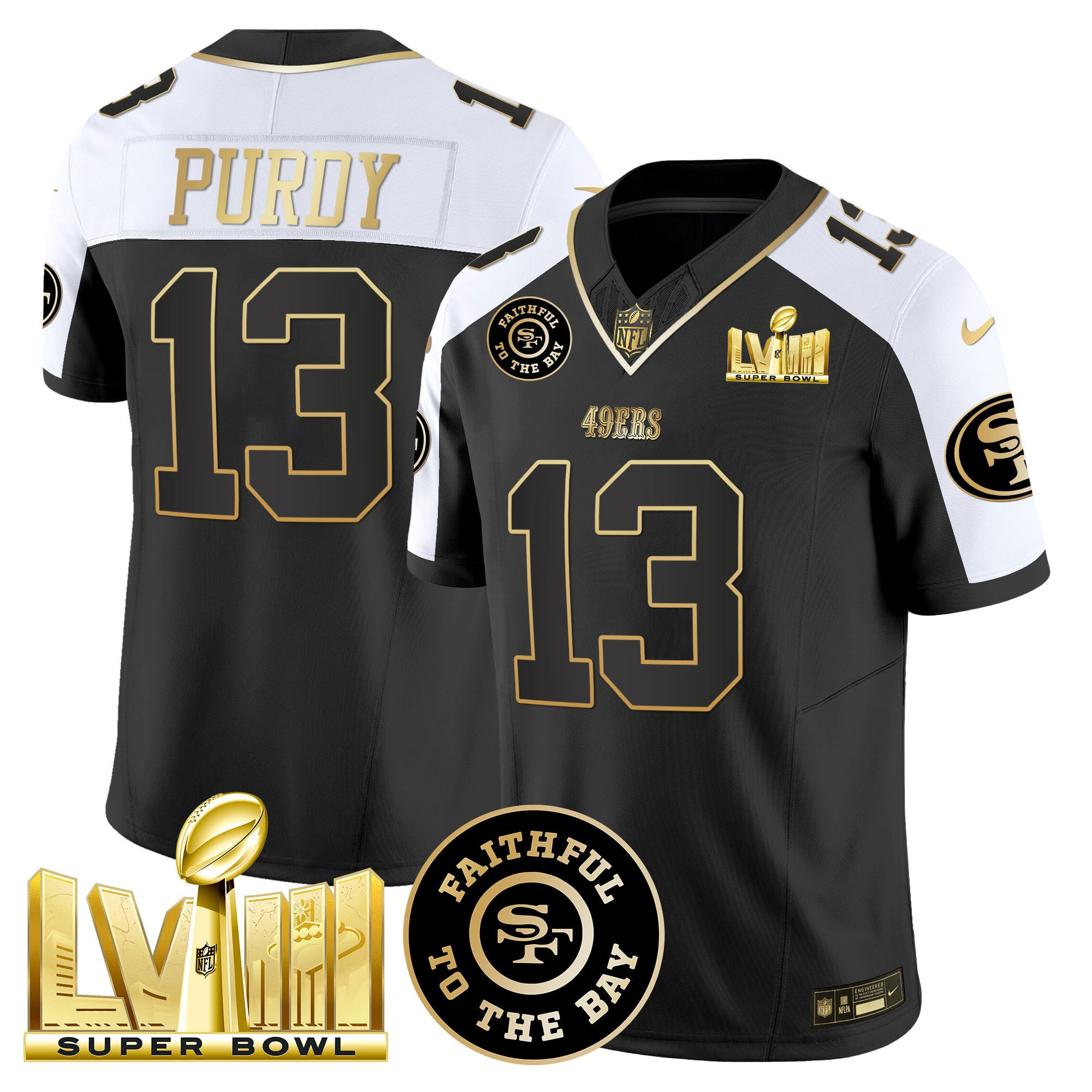 Brock Purdy San Francisco 49ers Faithful & Super Bowl LVIII Gold Patch Vapor Black/White Jersey - All Stitched