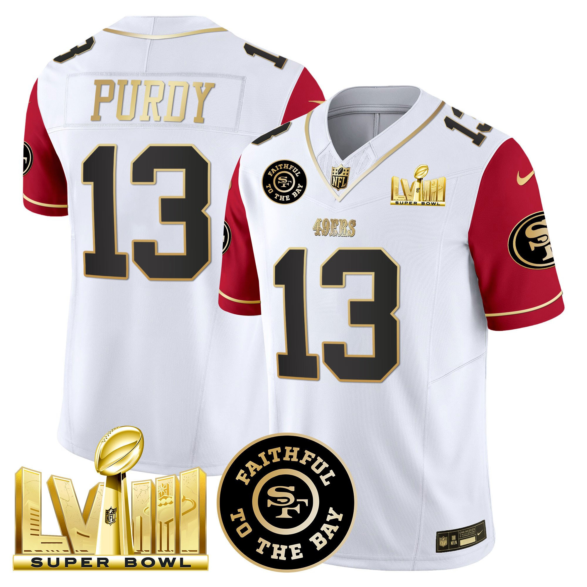 Brock Purdy San Francisco 49ers Faithful & Super Bowl LVIII Gold Patch Vapor White/Red Jersey - All Stitched