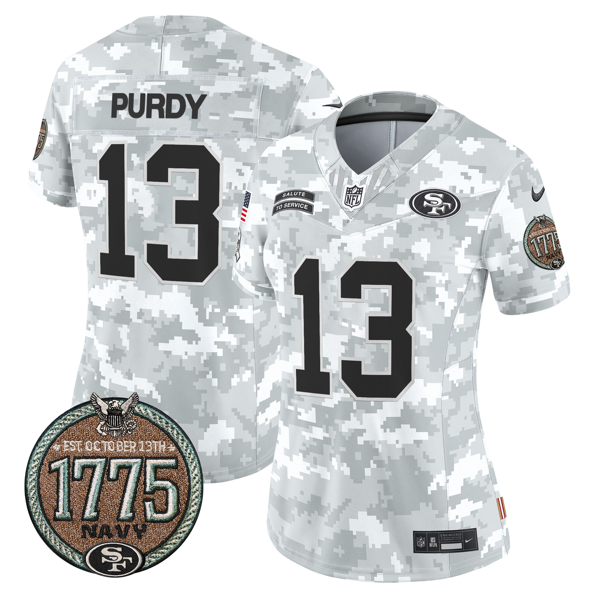 Brock Purdy Women's San Francisco 49ers 2024 Salute to Service Establishment Year Patch Vapor Limited Navy Jersey - All Stitched