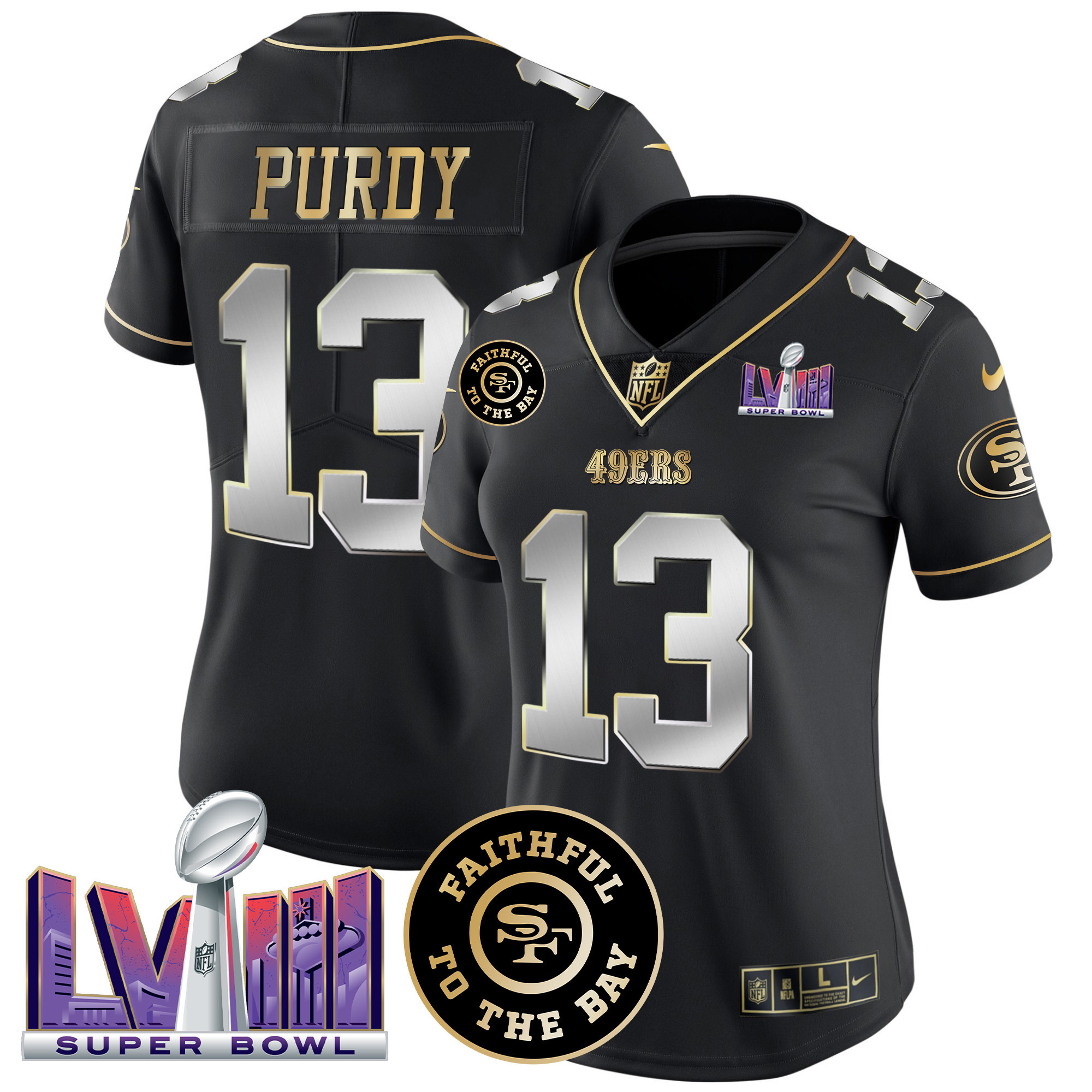 Brock Purdy Women's San Francisco 49ers  Faithful & Super Bowl LVIII Patch Vapor Black Limited Jersey - All Stitched