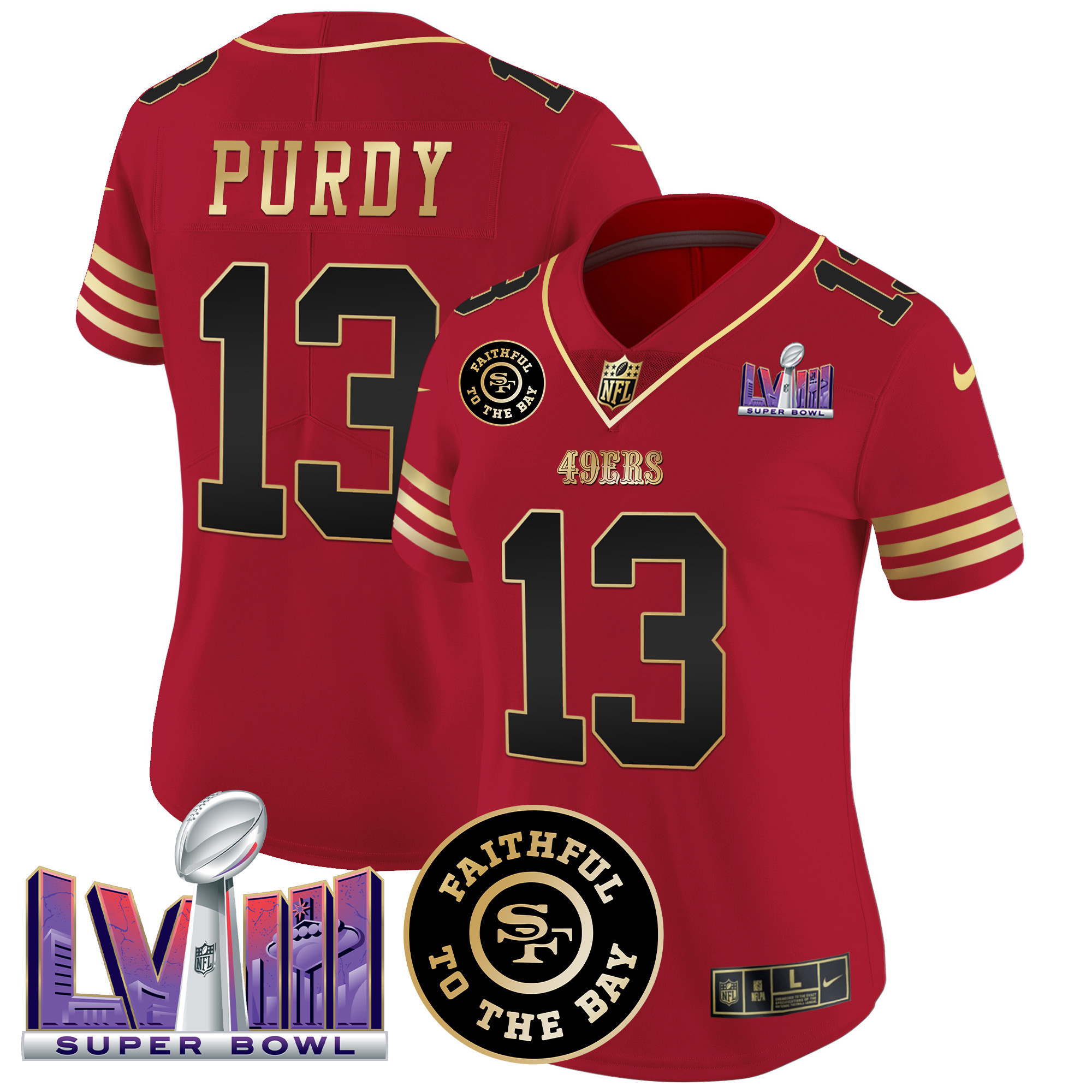 Brock Purdy Women's San Francisco 49ers  Faithful & Super Bowl LVIII Patch Vapor Black Scarlet Jersey - All Stitched