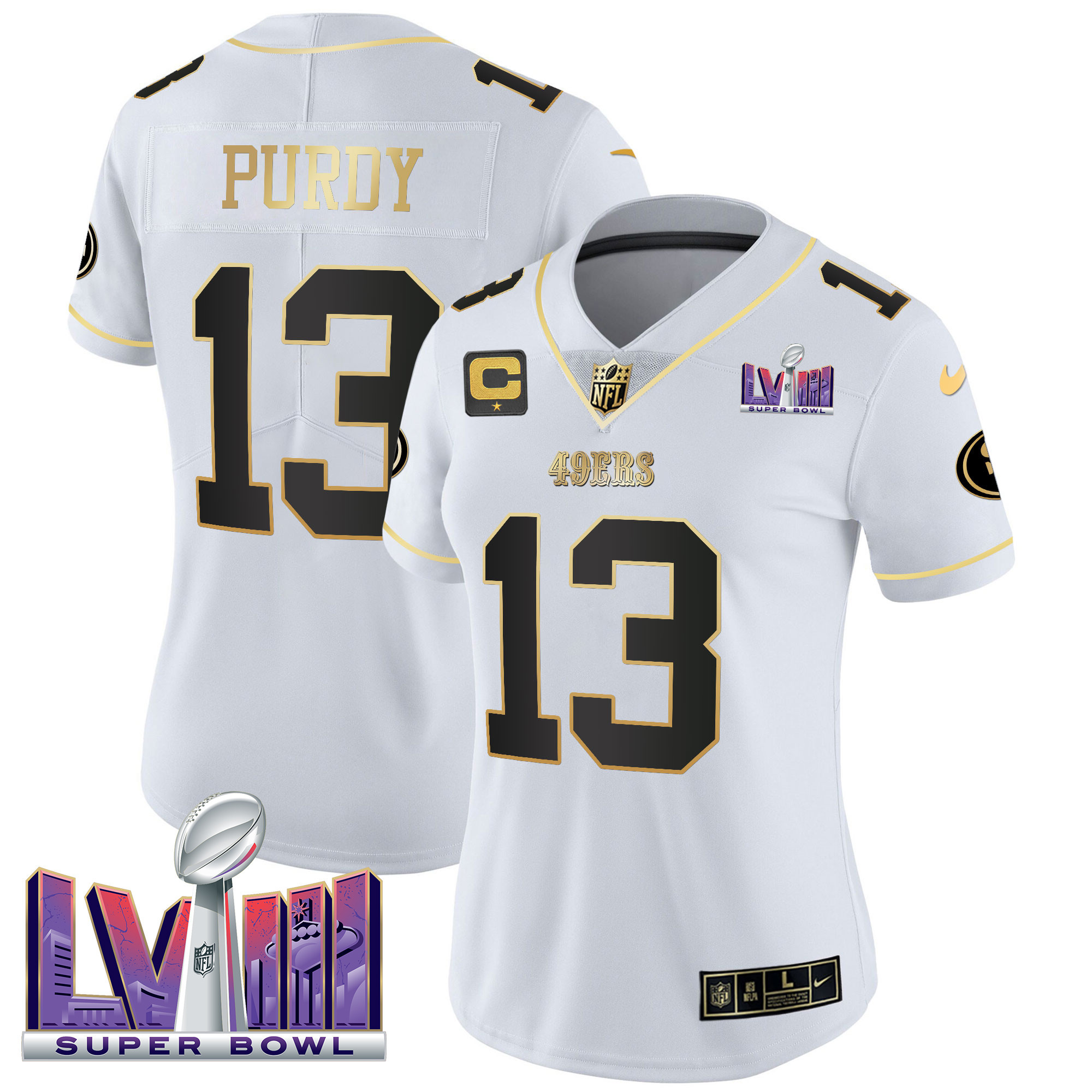 Brock Purdy Women's San Francisco 49ers  Super Bowl LVIII Patch Vapor White Gold Jersey - All Stitched