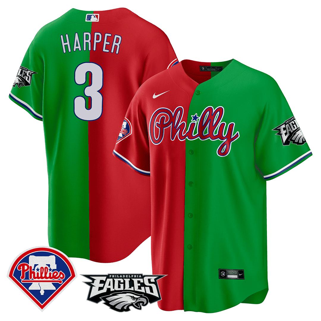 Bryce Harper Men's Split Phillies - Philadelphia Eagles Cool Base Red - Green Jersey - All Stitched