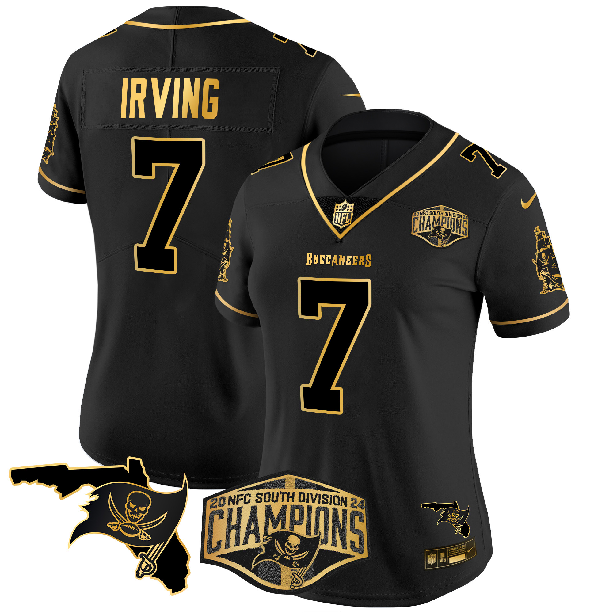 Bucky Irving Women's Tampa Bay Buccaneers 2024 NFC South Division Champions Patch Gold Vapor Limited Black Gold Jersey - All Stitched