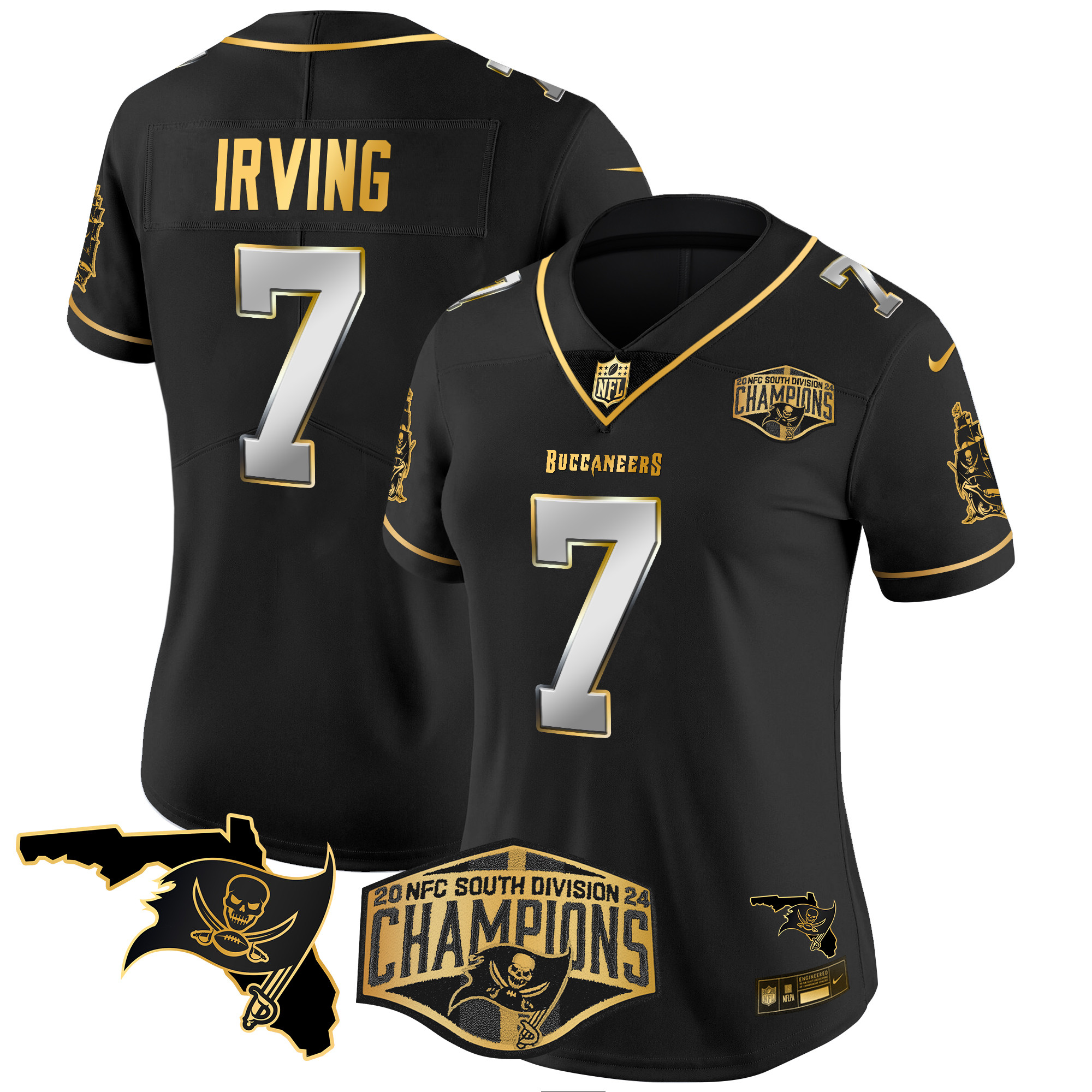 Bucky Irving Women's Tampa Bay Buccaneers 2024 NFC South Division Champions Patch Gold Vapor Limited Black Limited Jersey - All Stitched