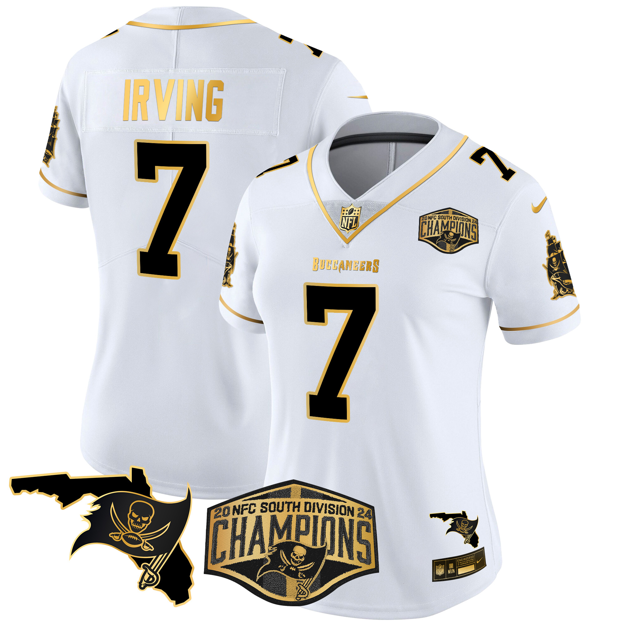 Bucky Irving Women's Tampa Bay Buccaneers 2024 NFC South Division Champions Patch Gold Vapor Limited White Gold Jersey - All Stitched