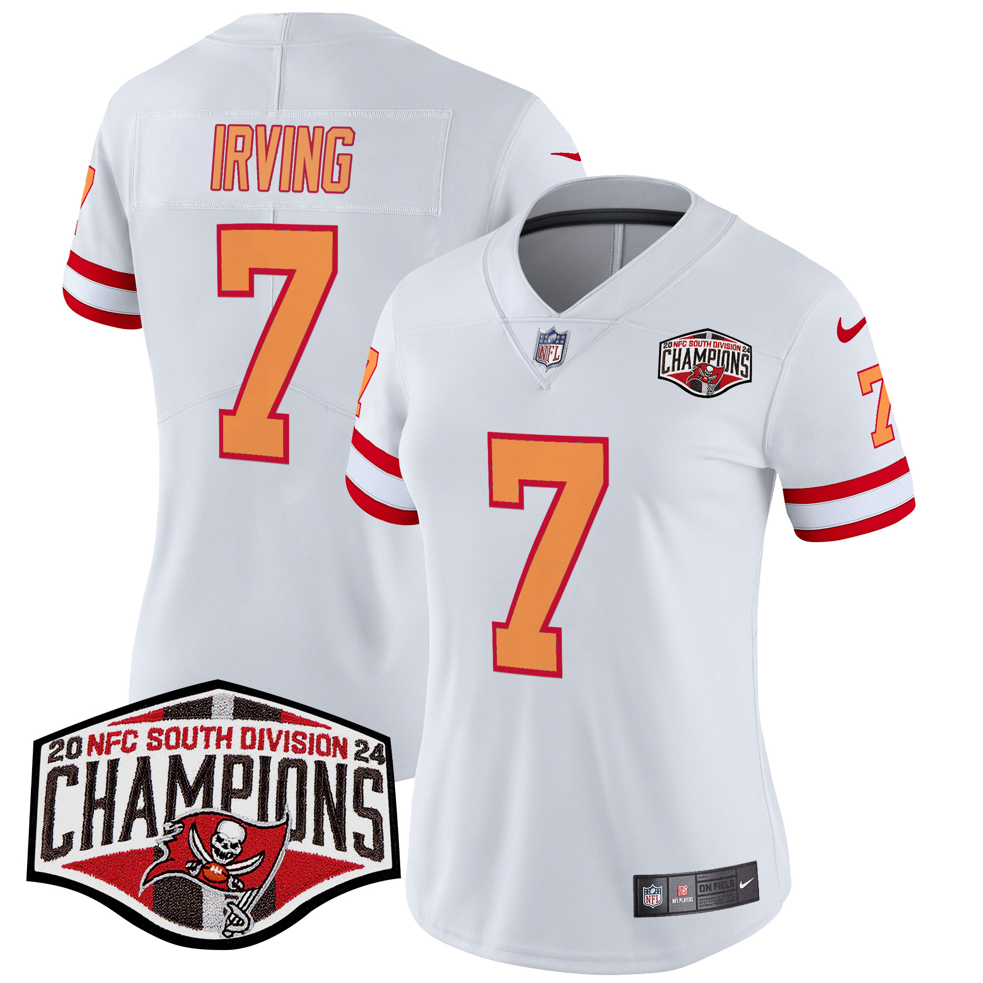 Bucky Irving Women's Tampa Bay Buccaneers Creamsicle 2024 NFC South Division Champions Patch Vapor Limited White Jersey - All Stitched