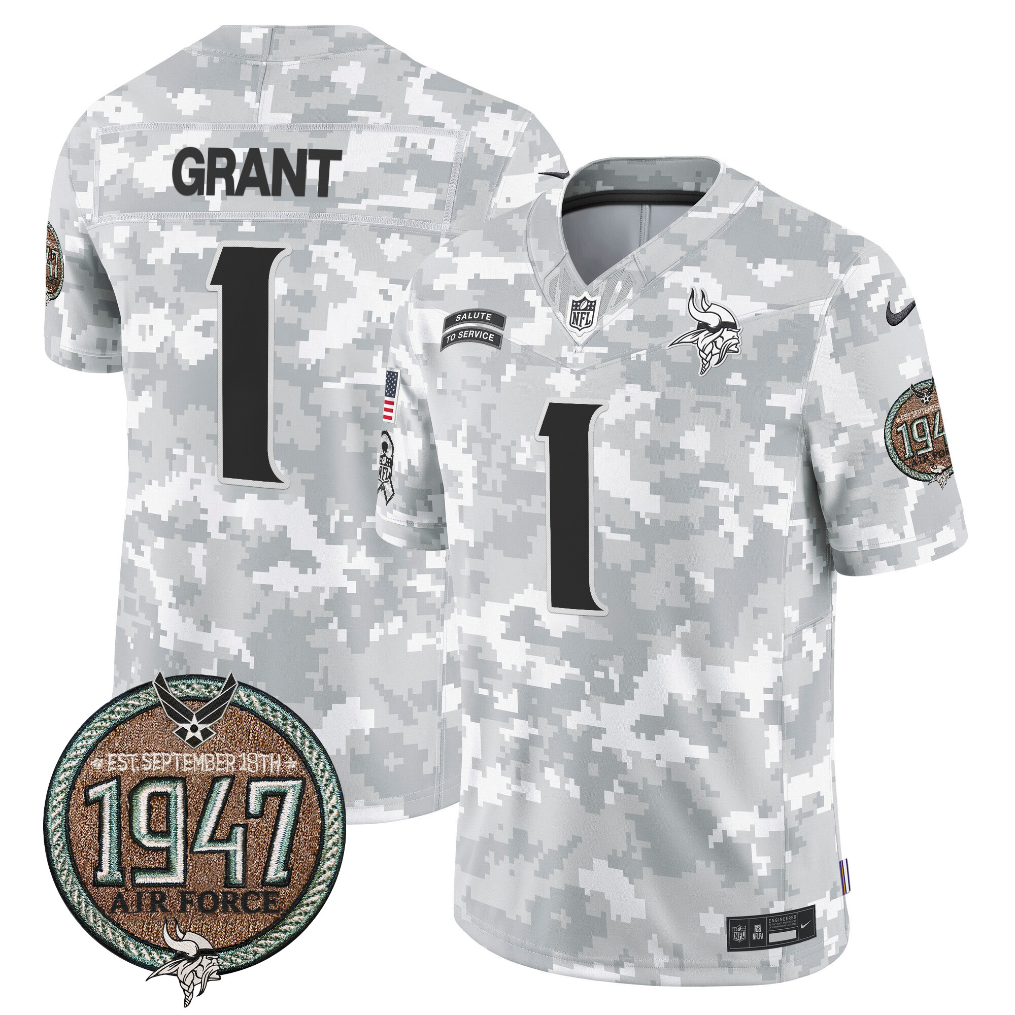 Bud Grant Men's Minnesota Vikings 2024 Salute to Service Establishment Year Patch Vapor Limited Air Force Jersey - All Stitched