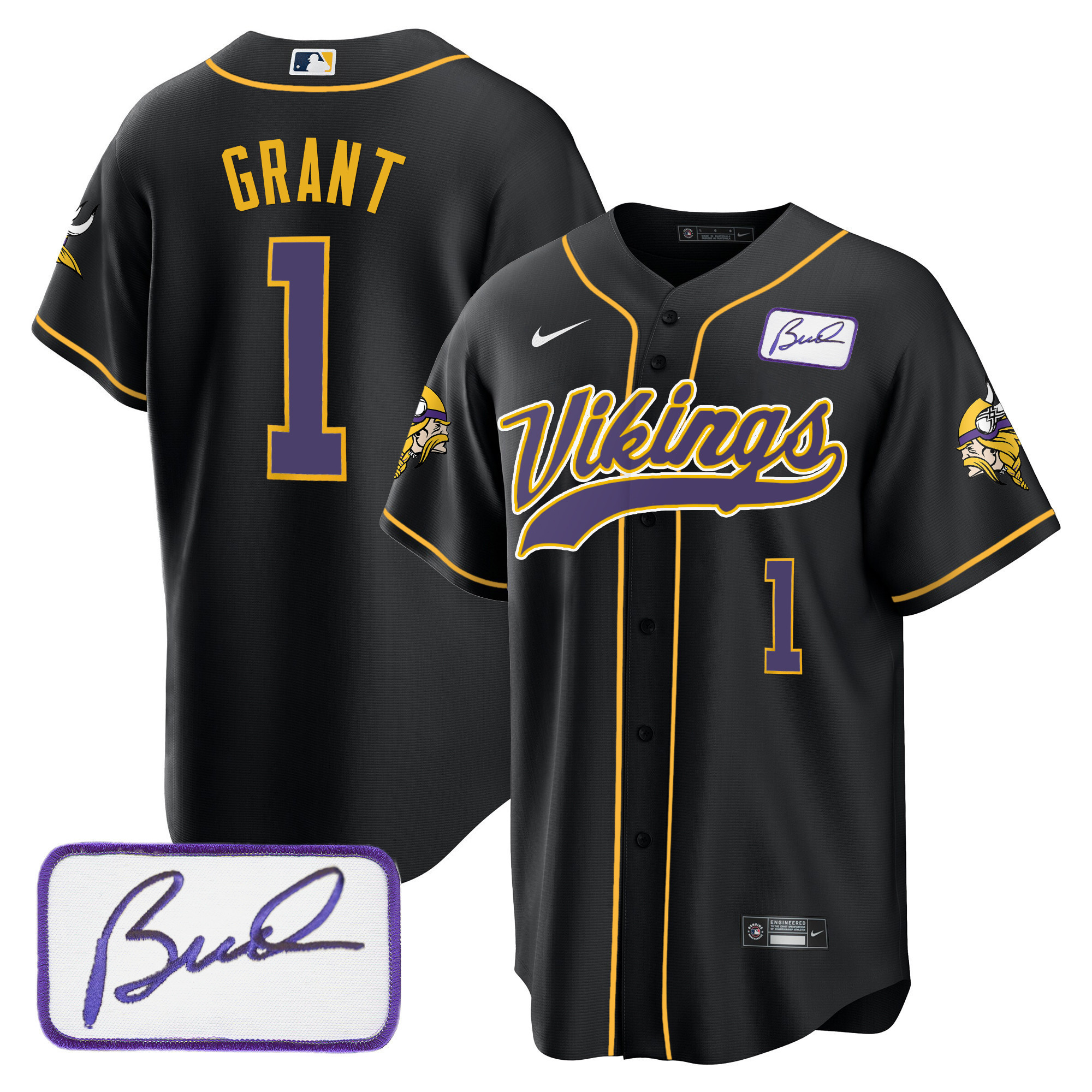 Bud Grant Men's Minnesota Vikings Bud Grant Patch Classic Baseball Black Jersey - All Stitched