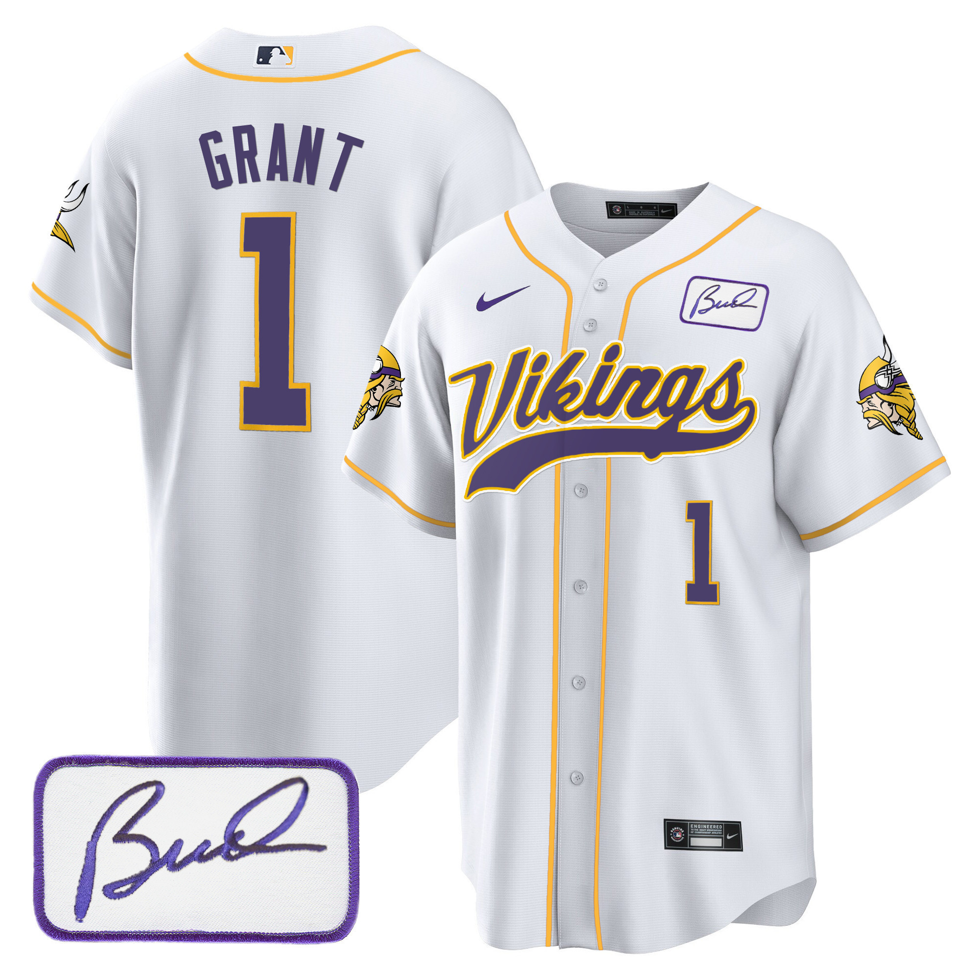 Bud Grant Men's Minnesota Vikings Bud Grant Patch Classic Baseball White Jersey - All Stitched