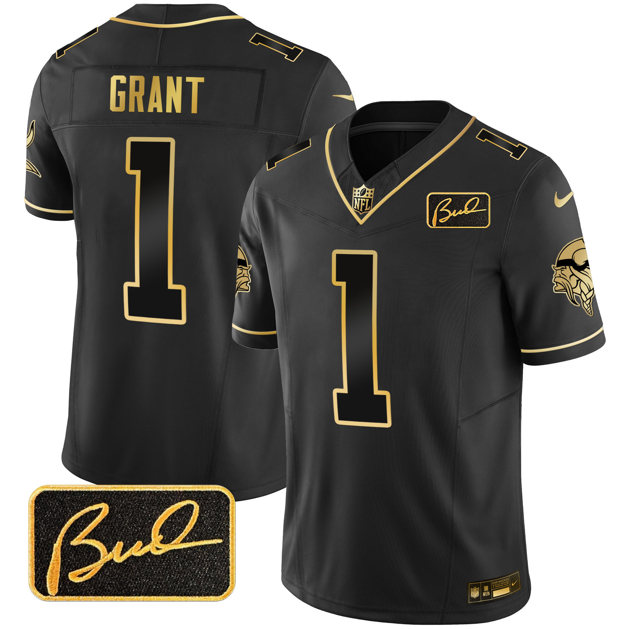 Bud Grant Men's Minnesota Vikings Bud Grant Patch Gold Limited Black Gold Jersey - All Stitched
