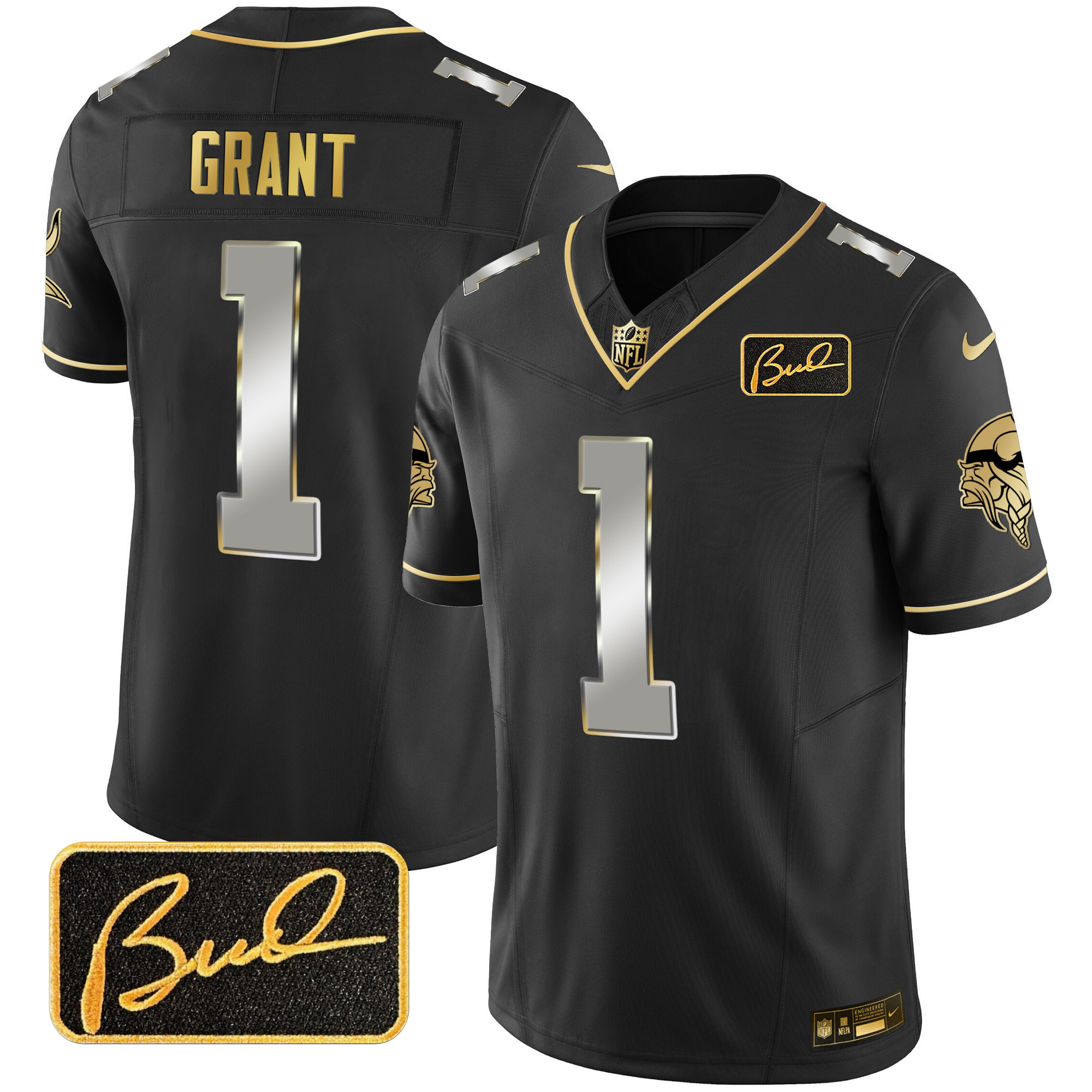 Bud Grant Men's Minnesota Vikings Bud Grant Patch Gold Limited Black Limited Jersey - All Stitched