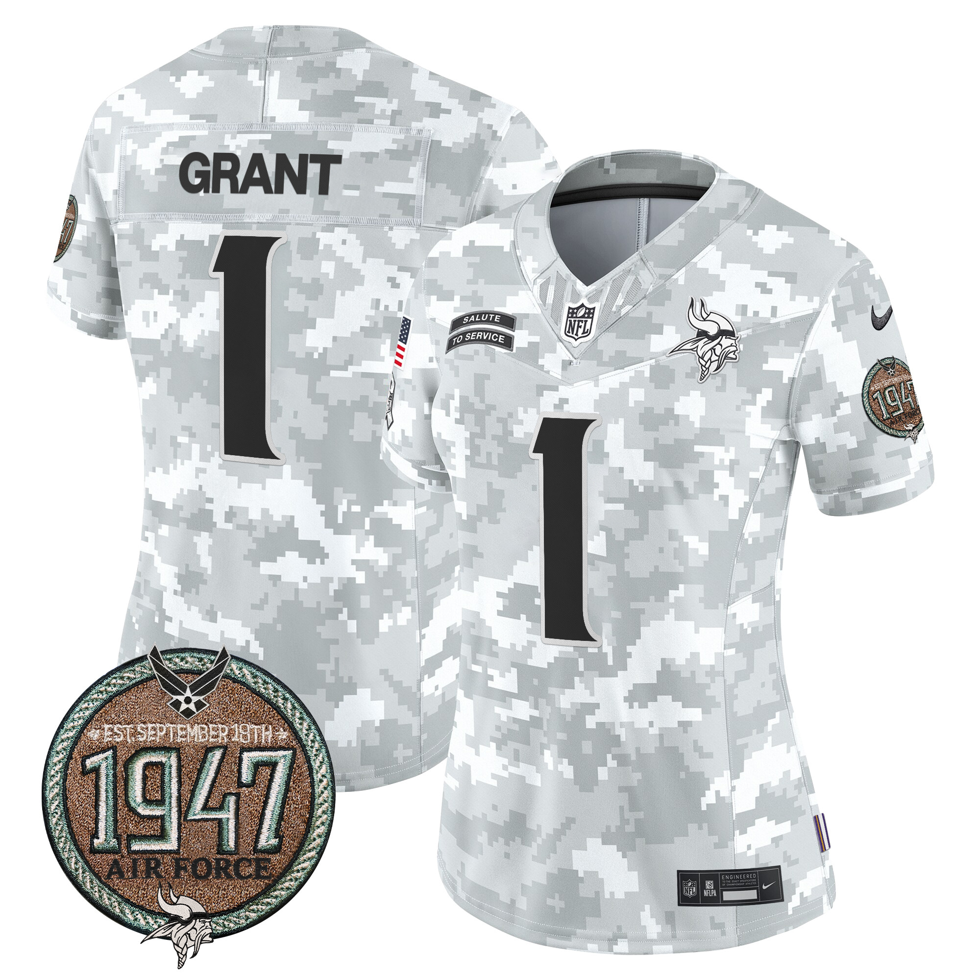 Bud Grant Women's Minnesota Vikings 2024 Salute to Service Establishment Year Patch Vapor Limited Air Force Jersey - All Stitched