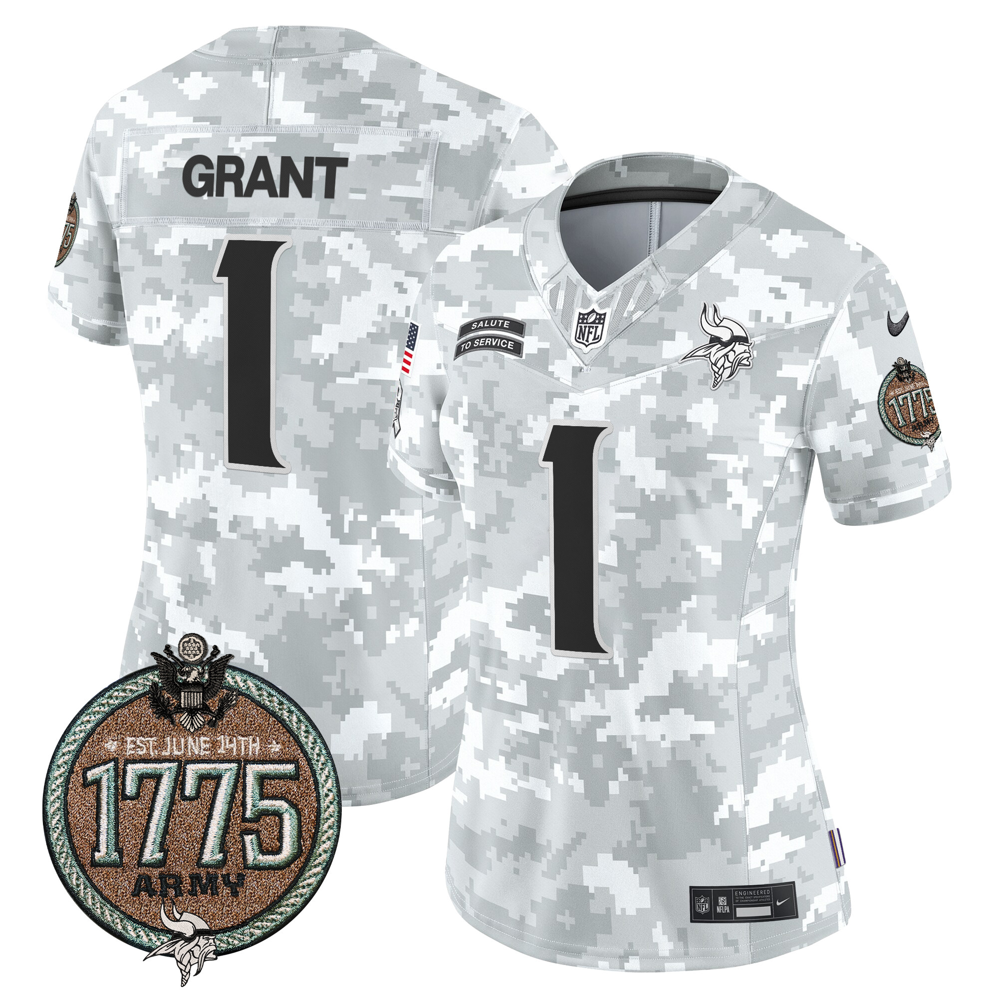 Bud Grant Women's Minnesota Vikings 2024 Salute to Service Establishment Year Patch Vapor Limited Army Jersey - All Stitched