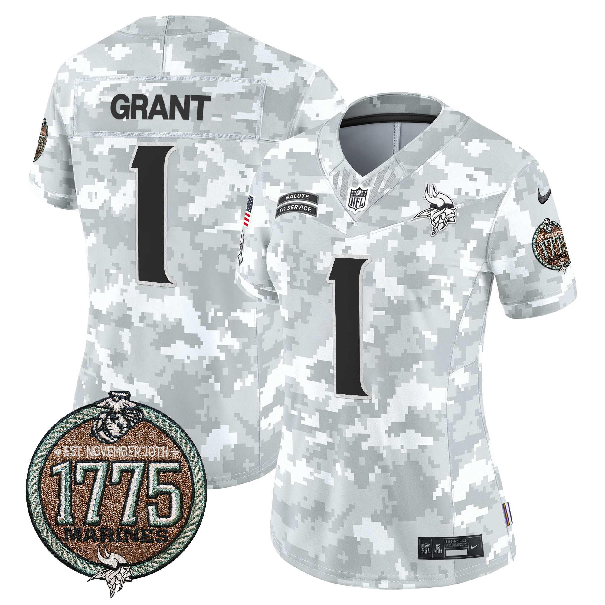 Bud Grant Women's Minnesota Vikings 2024 Salute to Service Establishment Year Patch Vapor Limited Marines Jersey - All Stitched