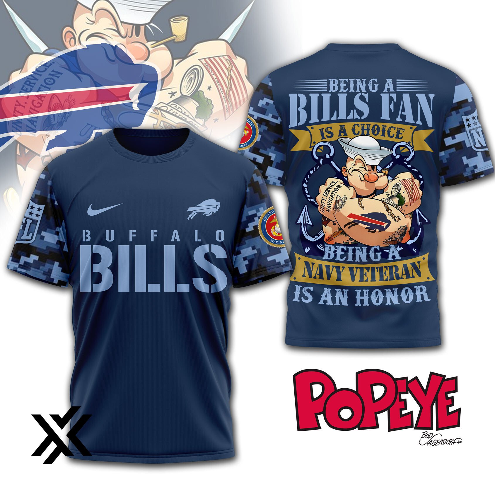 Buffalo Bills NFL Navy Veteran Popeye 3D T-Shirt