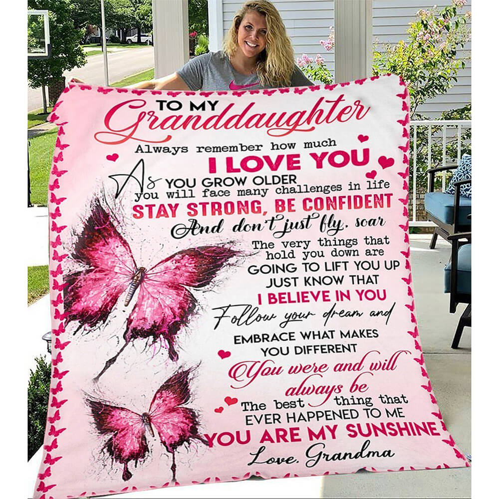 Butterfly To My Granddaughter You Are My Sunshine Printed Fleece Quilt Blanket - TopBestClothing